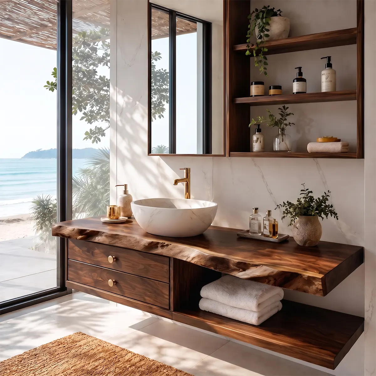 Live Edge Floating Bathroom Vanity | Wall Mounted Vanity with Drawers & Open Shelf TT006-4WJO5CA