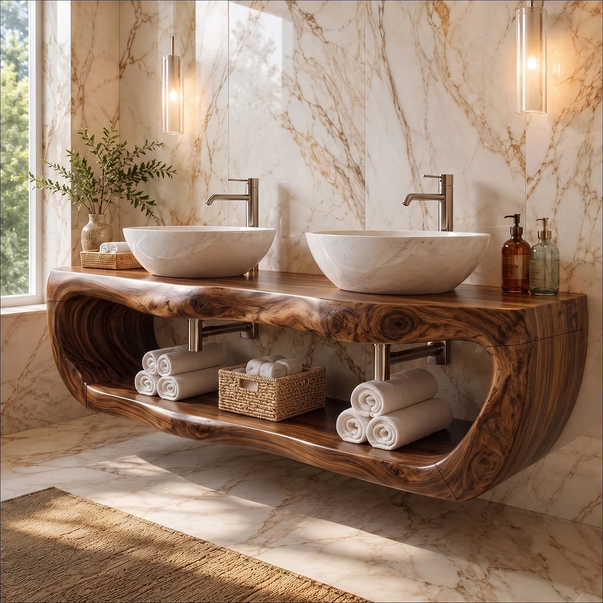Floating Double Bathroom Vanity with Open Shelf | Sculptural Organic Edge Design TT006-7QQX8GI