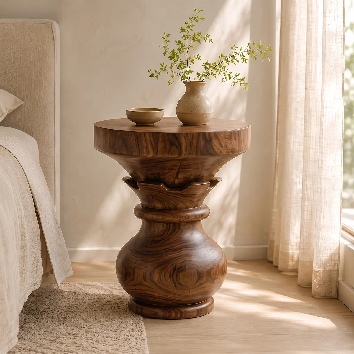 Sculptural Lotus Pedestal Wood End Table | Round Statement Side Table TT006-6BCF9JT