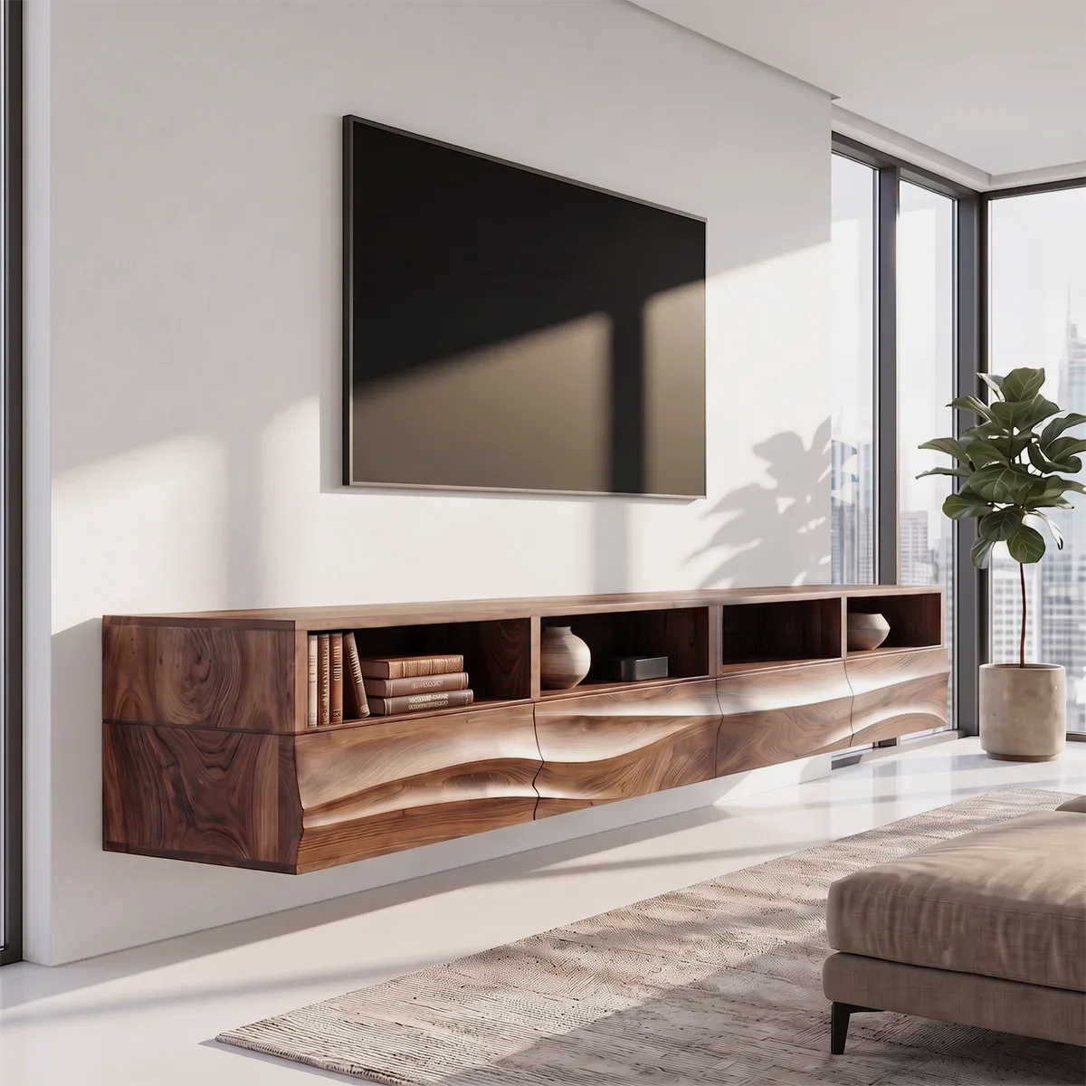 Modern Floating TV Stand with Flowing Wave Front and Open Display Shelves HG021-3RHL3JI