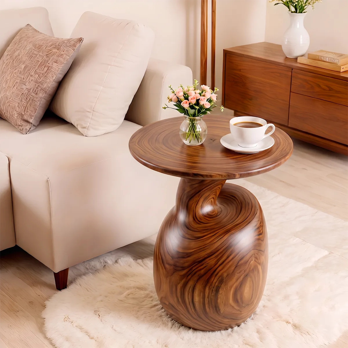 Modern Round End Table | Sculptural Swirl Pedestal Accent Table HG021-3645