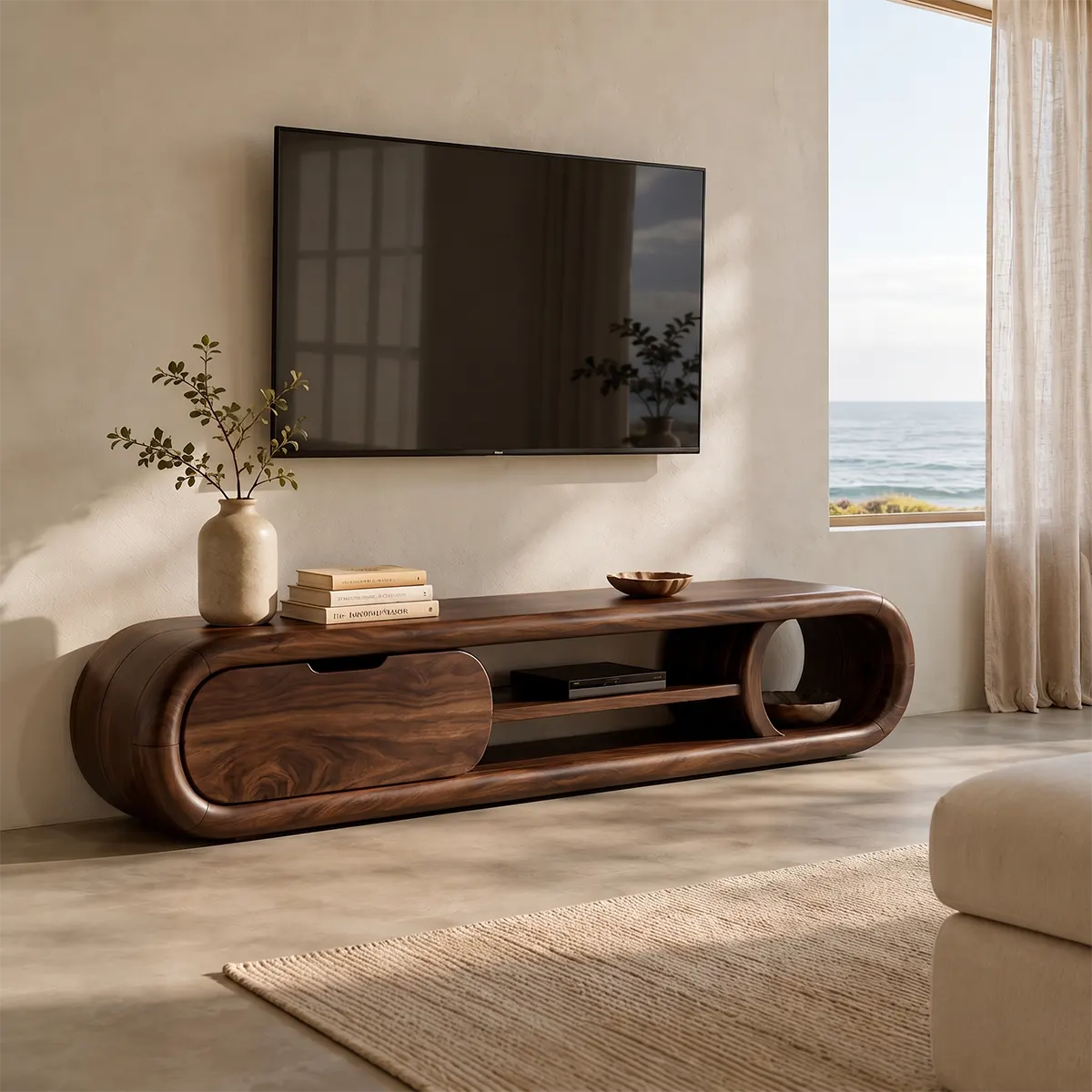 Modern Curved TV Stand with Enclosed Storage & 3 Open Compartments TT006-6RBE5GQ