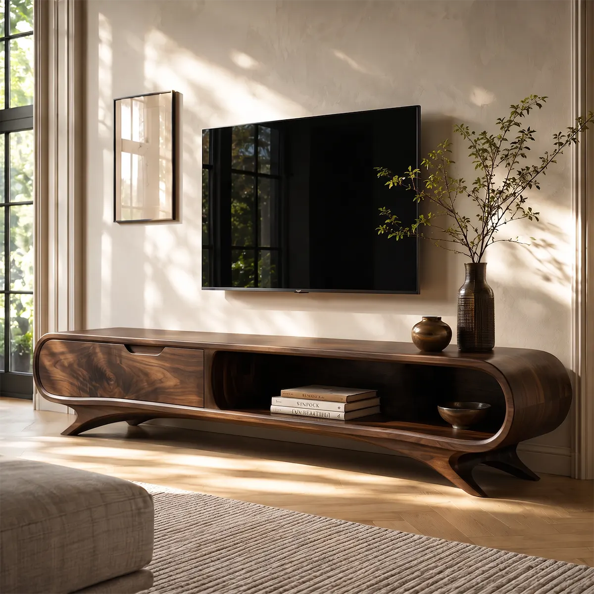 Modern Curved TV Stand with Large Drawer & Open Storage | Sculptural Media Console TT006-3JHB2OI