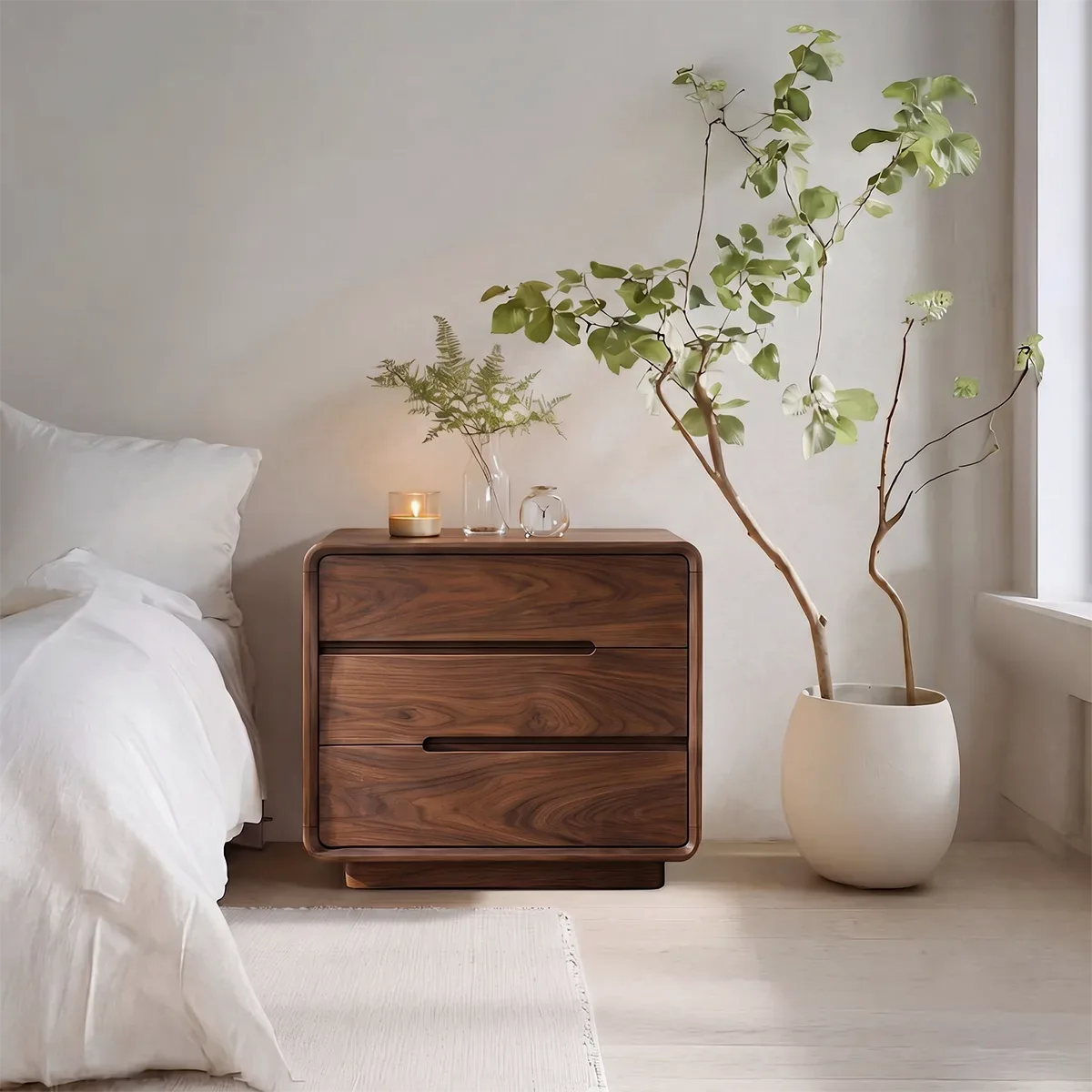 Modern 3-Drawer Nightstand | Rounded Corner Bedside Table with Recessed Handles HG021-1BHP5HK