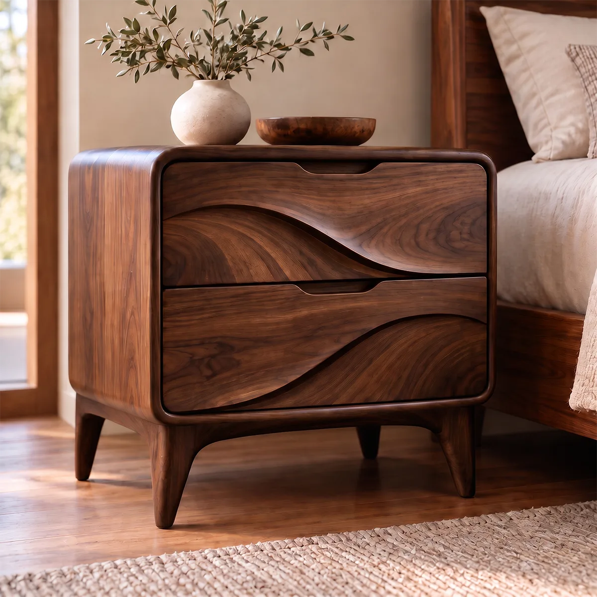 Sculptural Wave 2-Drawer Nightstand | Modern Bedside Table with Carved Drawer Fronts HG021-5AYQ3CA