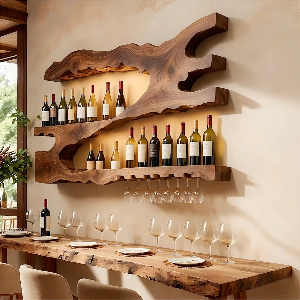 Live Edge Solid Wood Wall Wine Rack for Home Bars & Wine Lovers HG021-4091