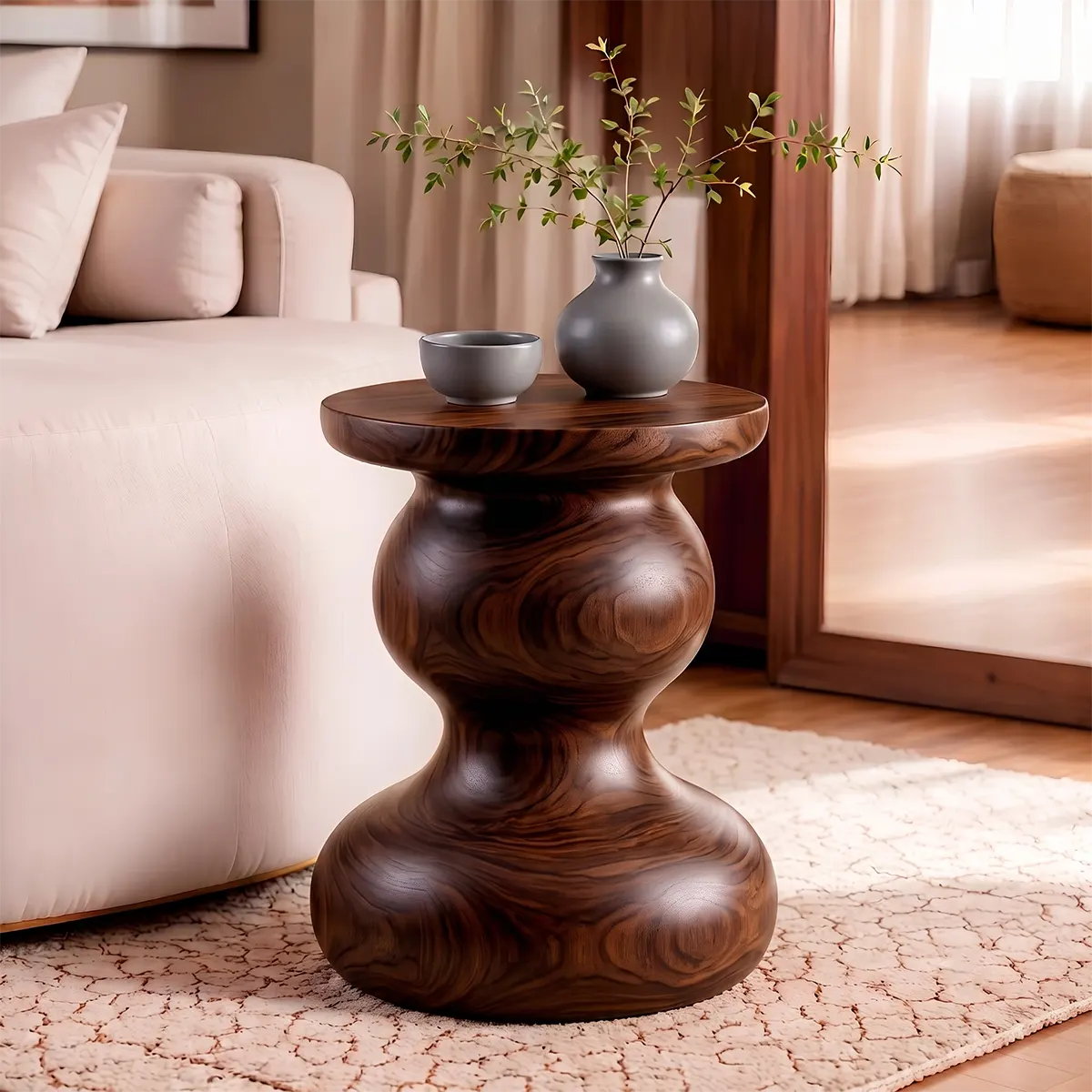 Sculptural Double Gourd Wood End Table | Round Pedestal Side Table TT006-3BUA5AI