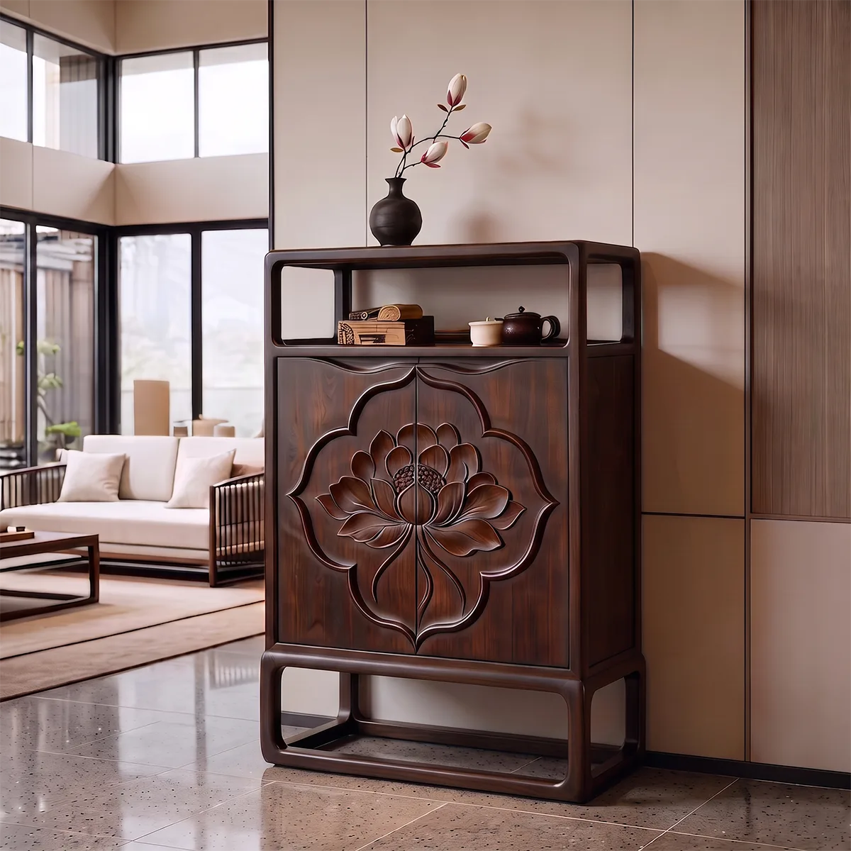 Lotus Carved Sideboard with Open Display Shelf | Sculptural Storage Cabinet HG021-1UIU6MD