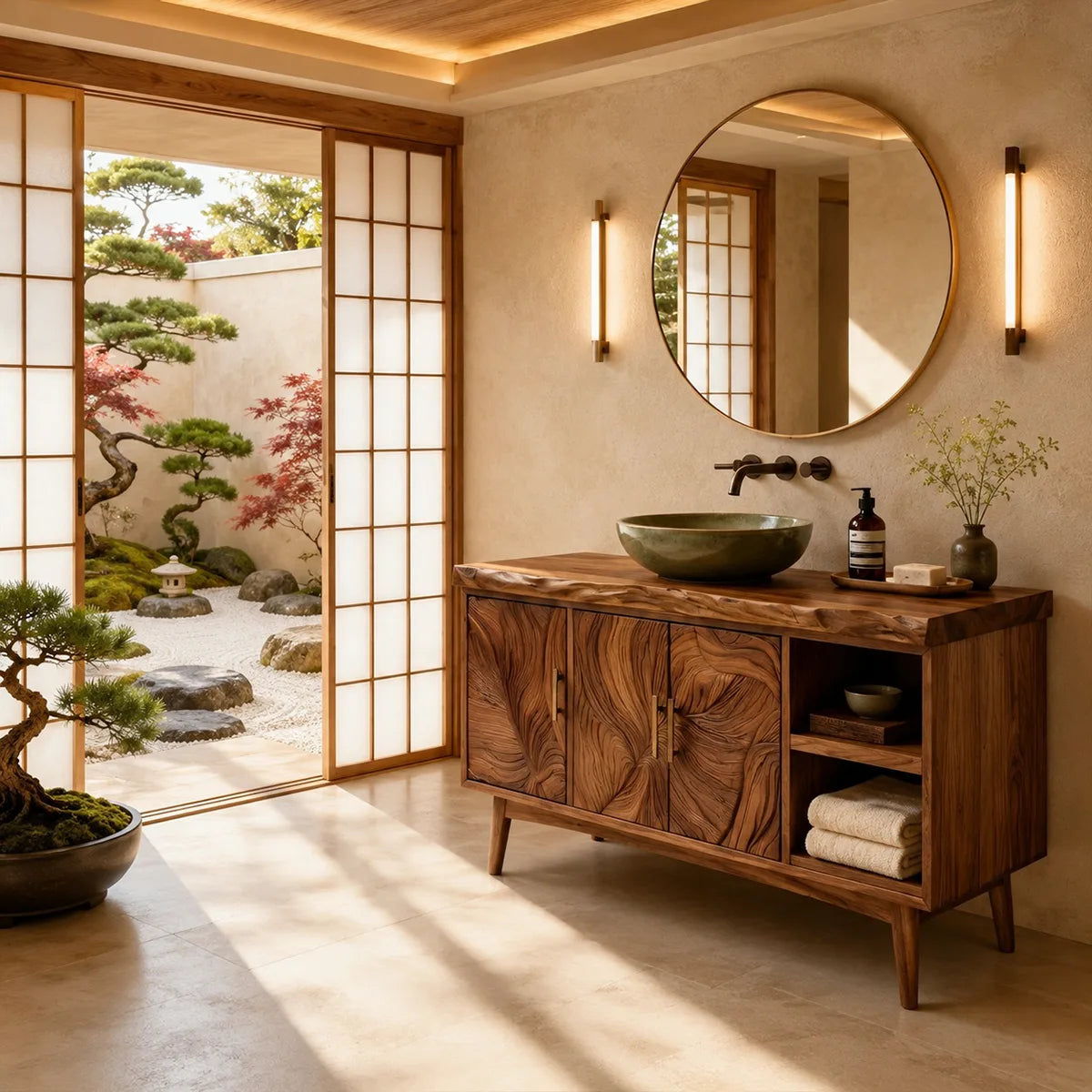 Tropical Modern Bathroom Vanity with Hand-Carved Doors and Open Storage HG021-1910