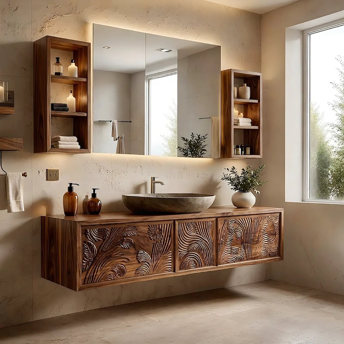 Carved Floating Bathroom Vanity | Modern Decorative Bathroom Cabinet HG021-7739