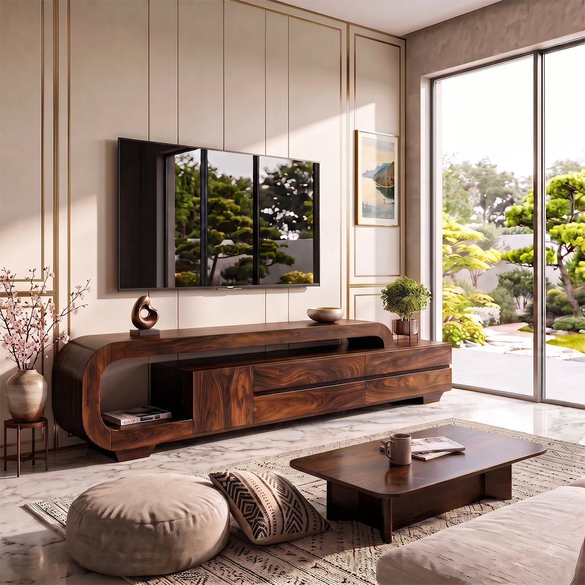 Curved Wood TV Stand with Drawers & Storage | Modern Media Cabinet HG021-1SBA3RR