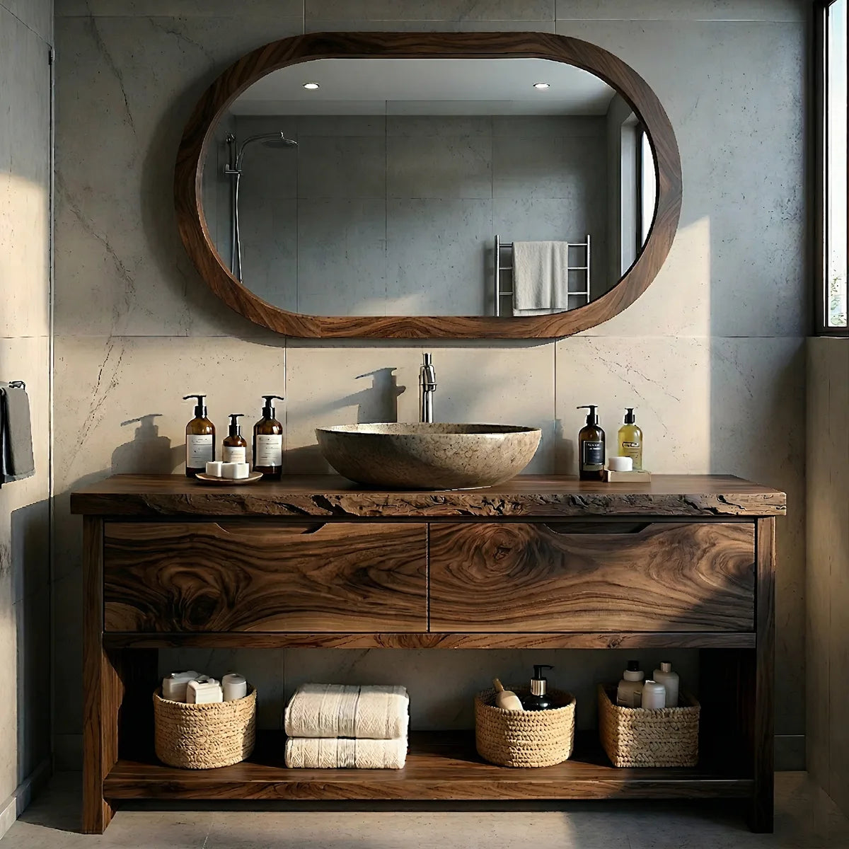 Solid Wood Bathroom Vanity with Live Edge Top, 2 Drawers, and Open Shelf