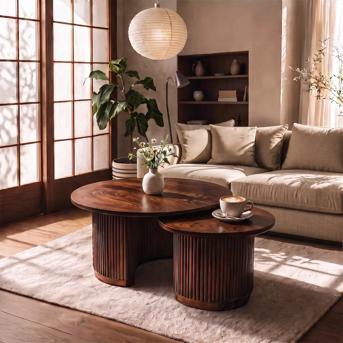 2-Piece Round Nesting Coffee Table Set with Fluted Base | Modern Space-Saving Center Tables HG021-9LVR6EA