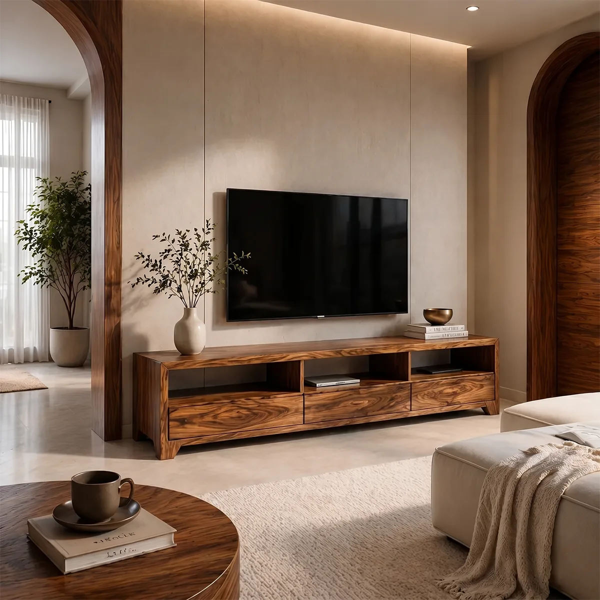 Minimalist Media Console with Open Shelves and 3 Drawers