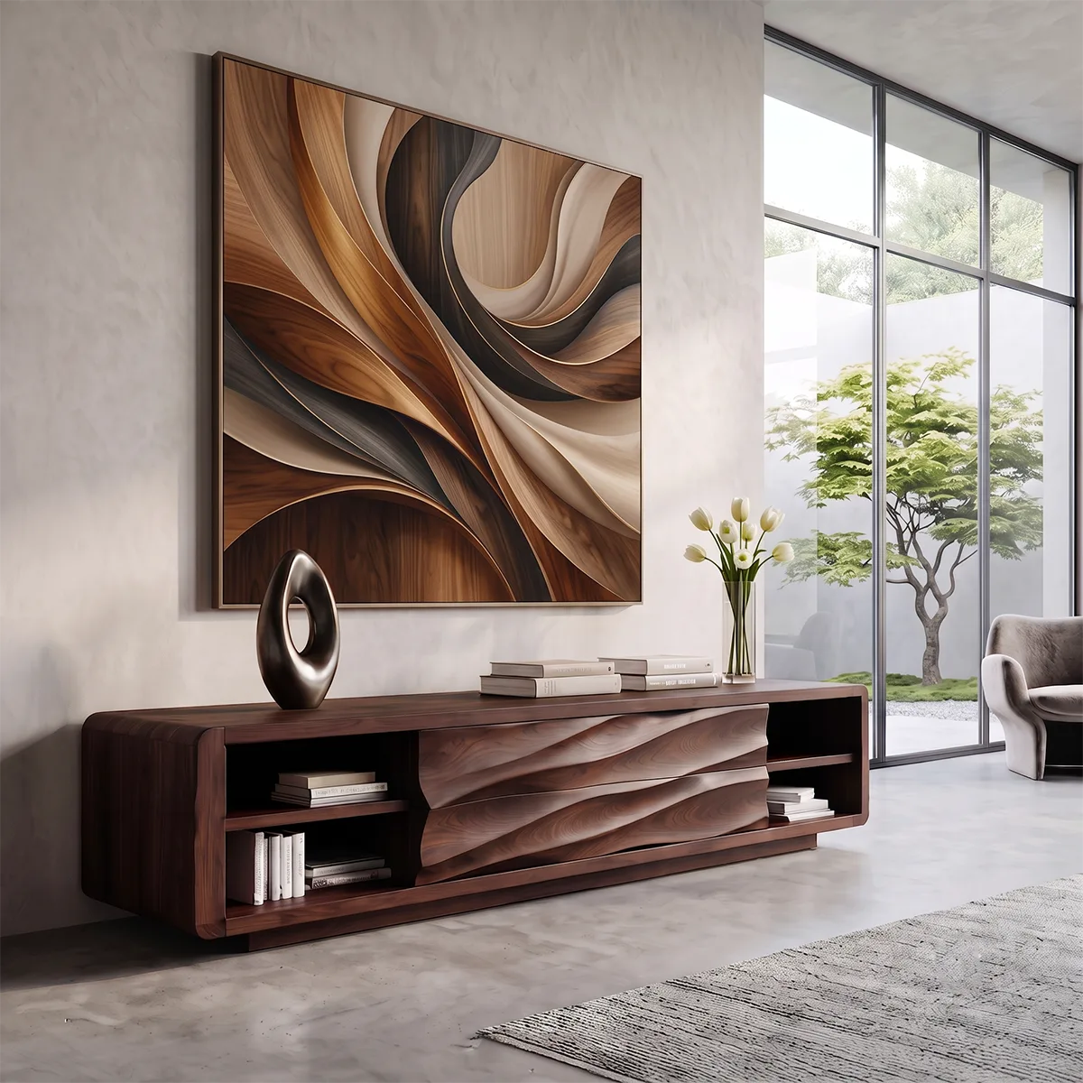 Modern Sideboard with Open Shelves and Concealed Center Storage | Rounded Low Cabinet HG021-9MGF3LT