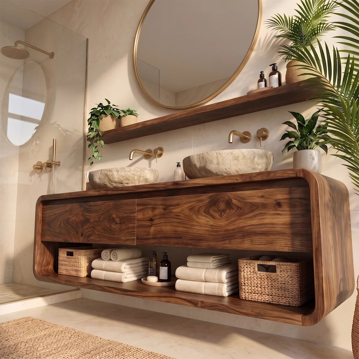 Floating Double Bathroom Vanity with 2 Drawers & Open Shelf | Rounded Organic Modern Design TT006-7NDV5OI