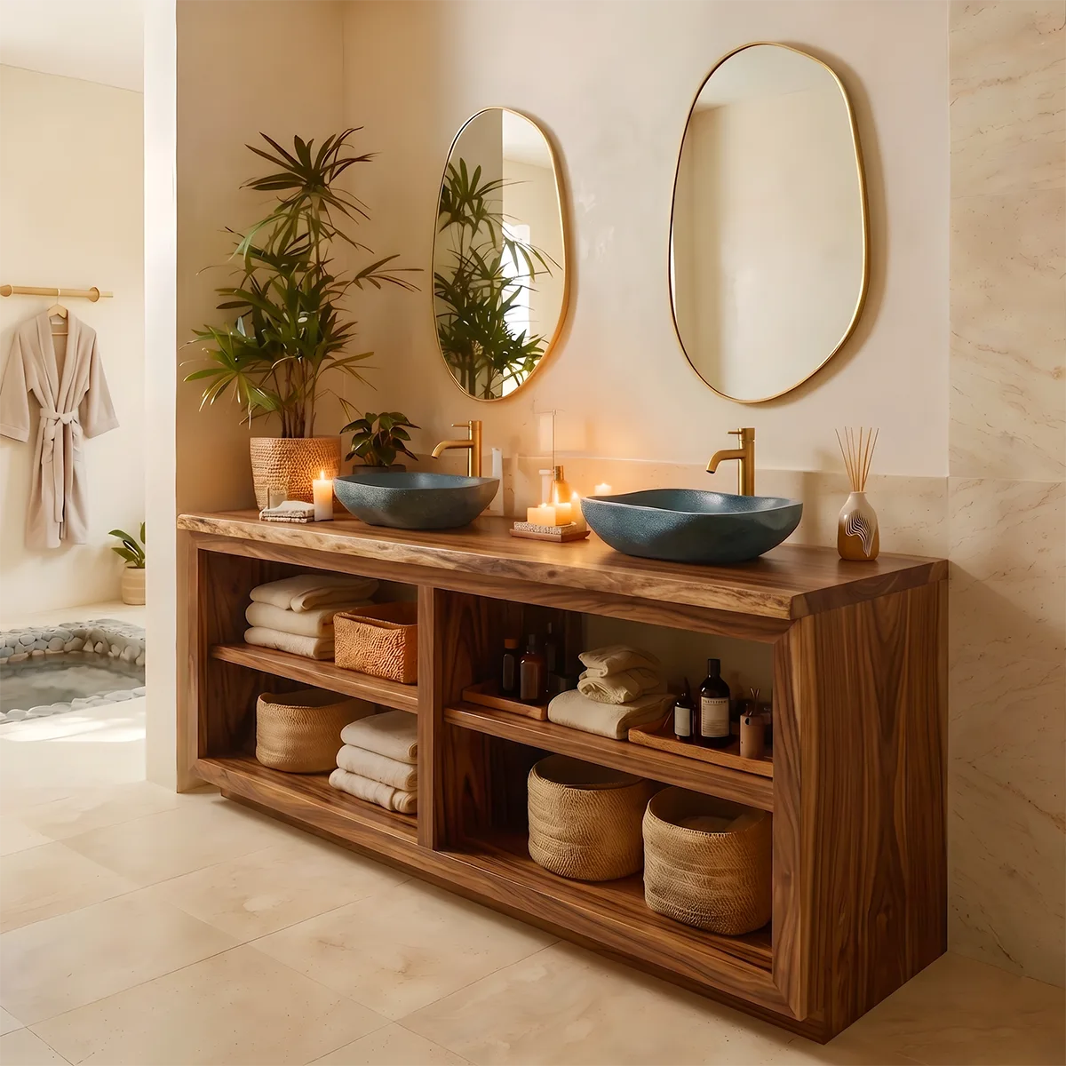 Modern Double Bathroom Vanity with Open Shelving and Spa-Inspired Storage HG021-2663