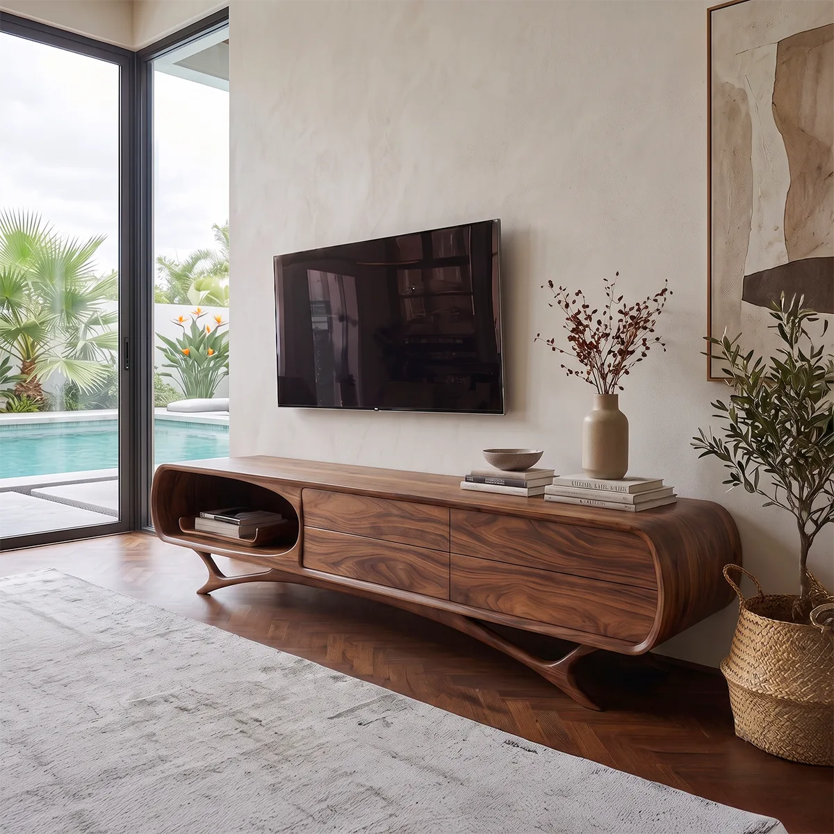 Curved Wood TV Stand with Drawers & Open Shelf | Modern Media Cabinet HG021-3QWT2KN