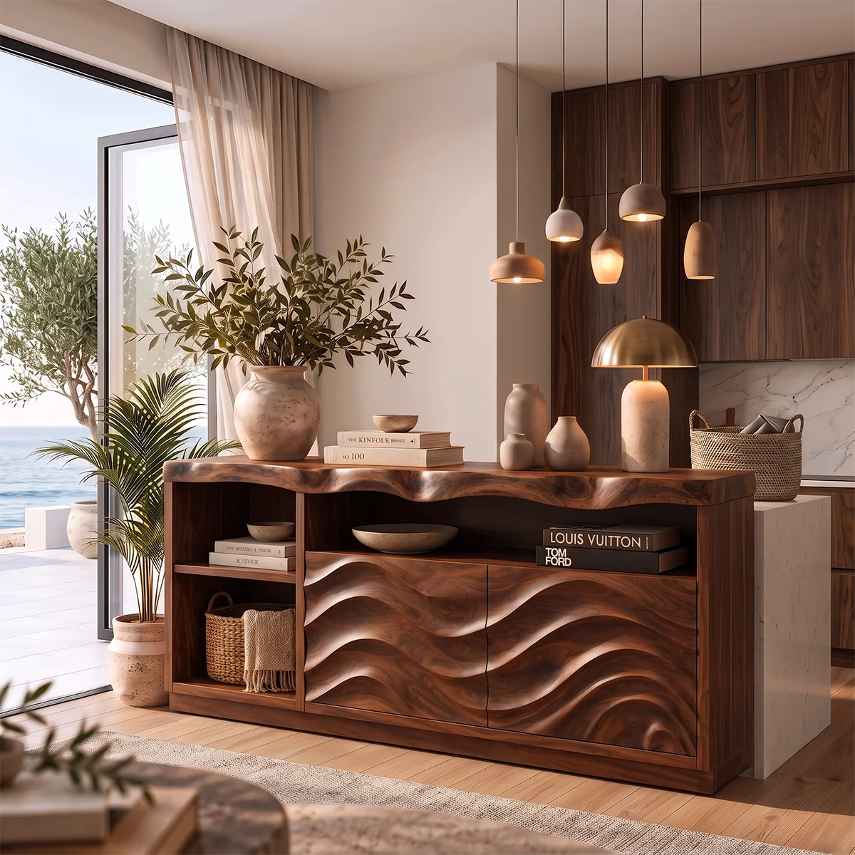 Sculptural Wave Sideboard with 2 Cabinet Doors and Open Shelves | Modern Storage Cabinet HG021-4LWU7BC