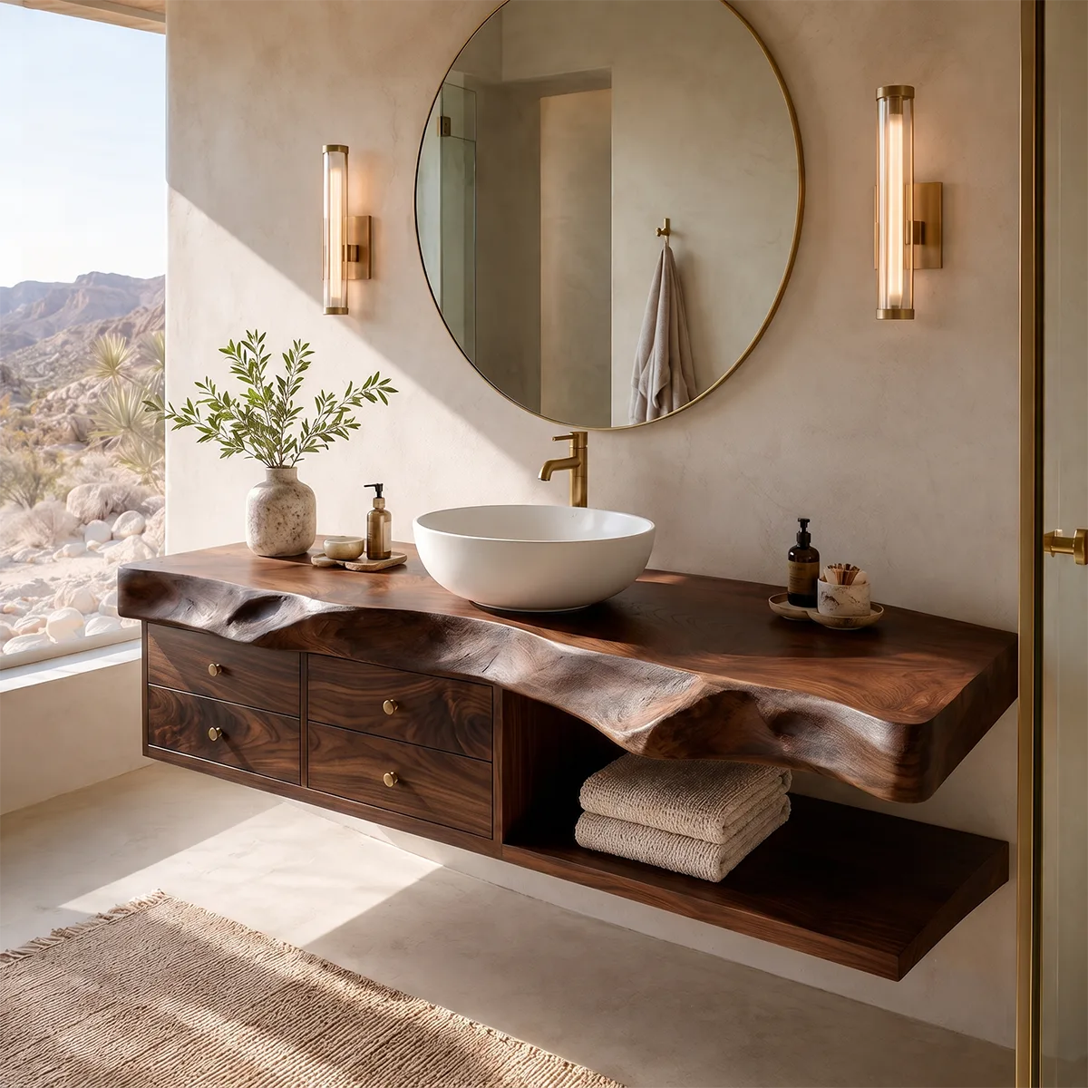 Organic Bathroom Vanity with 4 Drawers & Open Shelf | Freeform Edge Vanity Cabinet TT006-9HXZ1BE