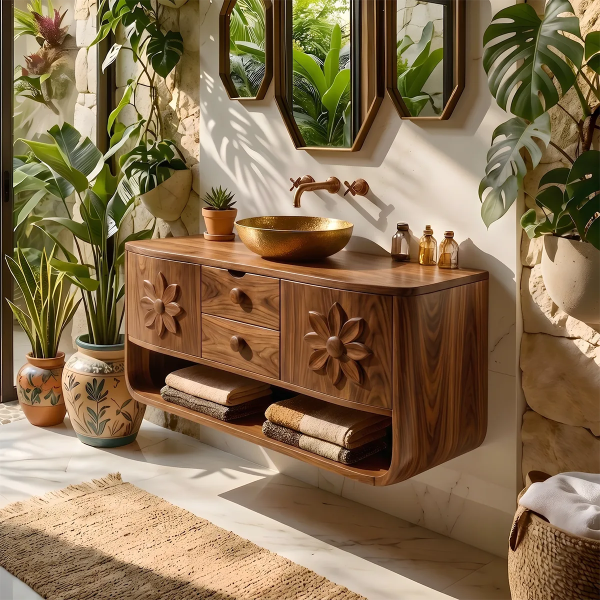 Floating Solid Wood Bathroom Vanity | Floral Carved Wall Mounted Vanity Cabinet with Open Shelf HG021-1071