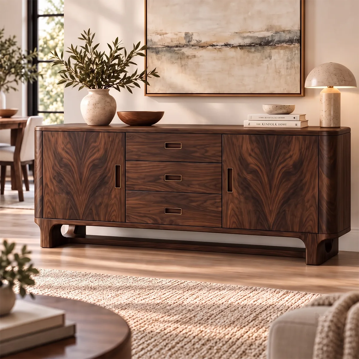 Modern Sideboard with 3 Drawers and 2 Cabinets | Rounded Storage Buffet with Interior Shelves HG021-6UVE8HY