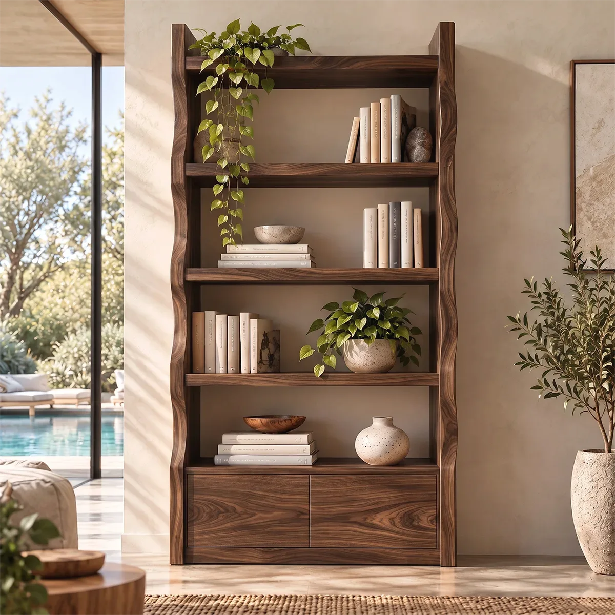 Modern Tall Freestanding Bookshelf | 4-Tier Open Bookcase with 2 Hidden Storage Cabinets HG021-7EAN9UP