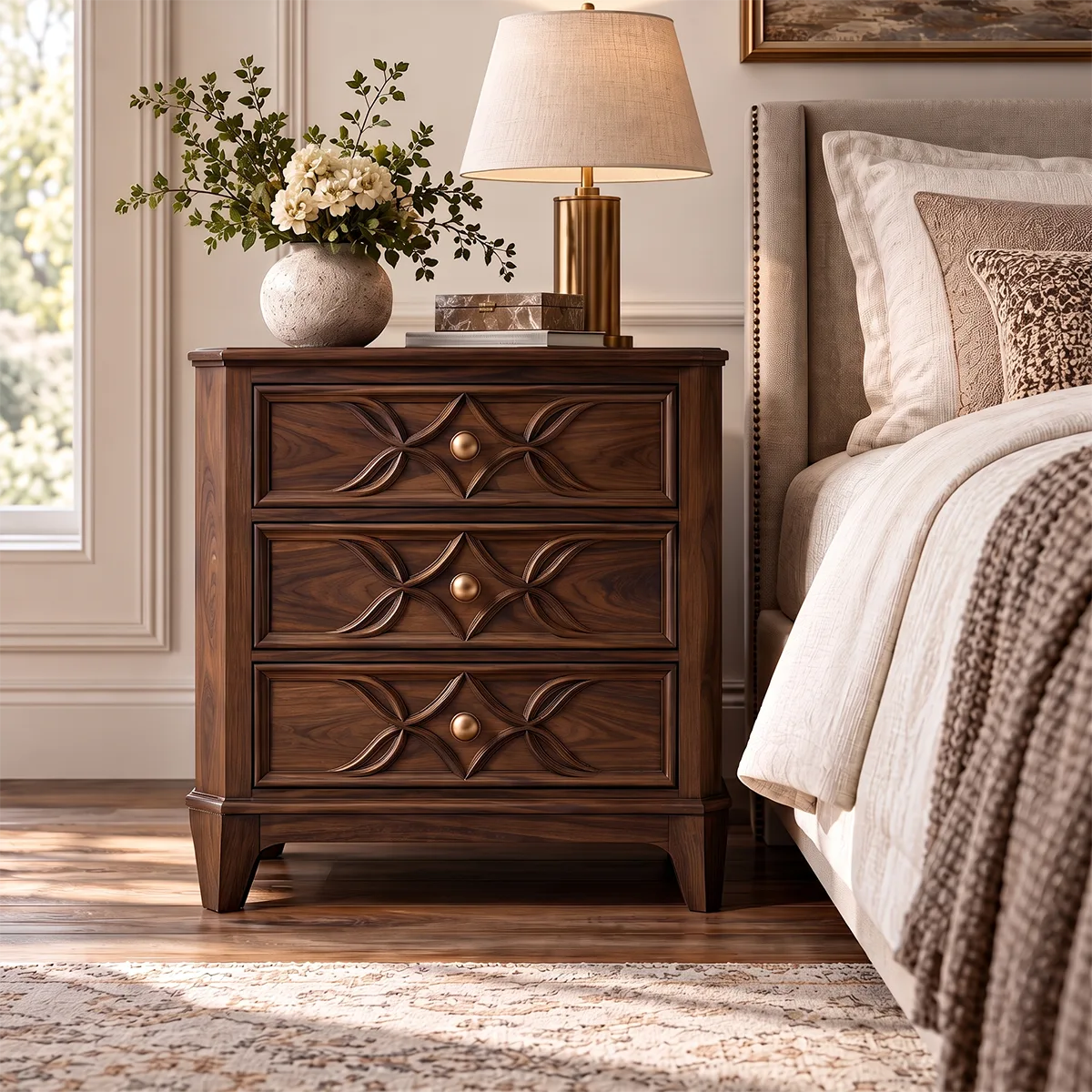 Carved 3-Drawer Nightstand | Decorative Bedside Table with Sculpted Geometric Fronts HG021-7GDR2YD