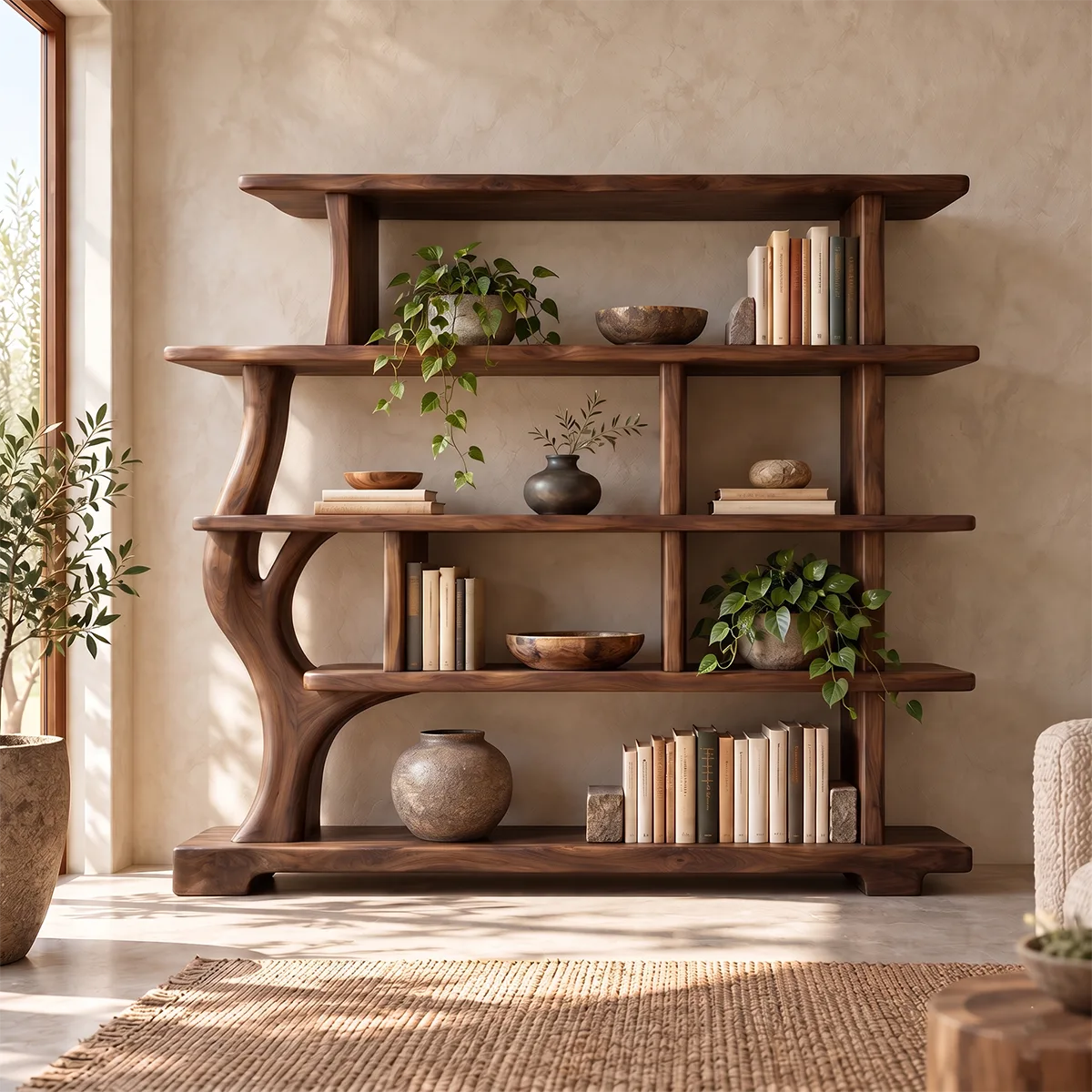 Tree-Inspired Sculptural Bookshelf | Organic Modern Open Bookcase with Asymmetrical Shelves HG021-5HPG6UX
