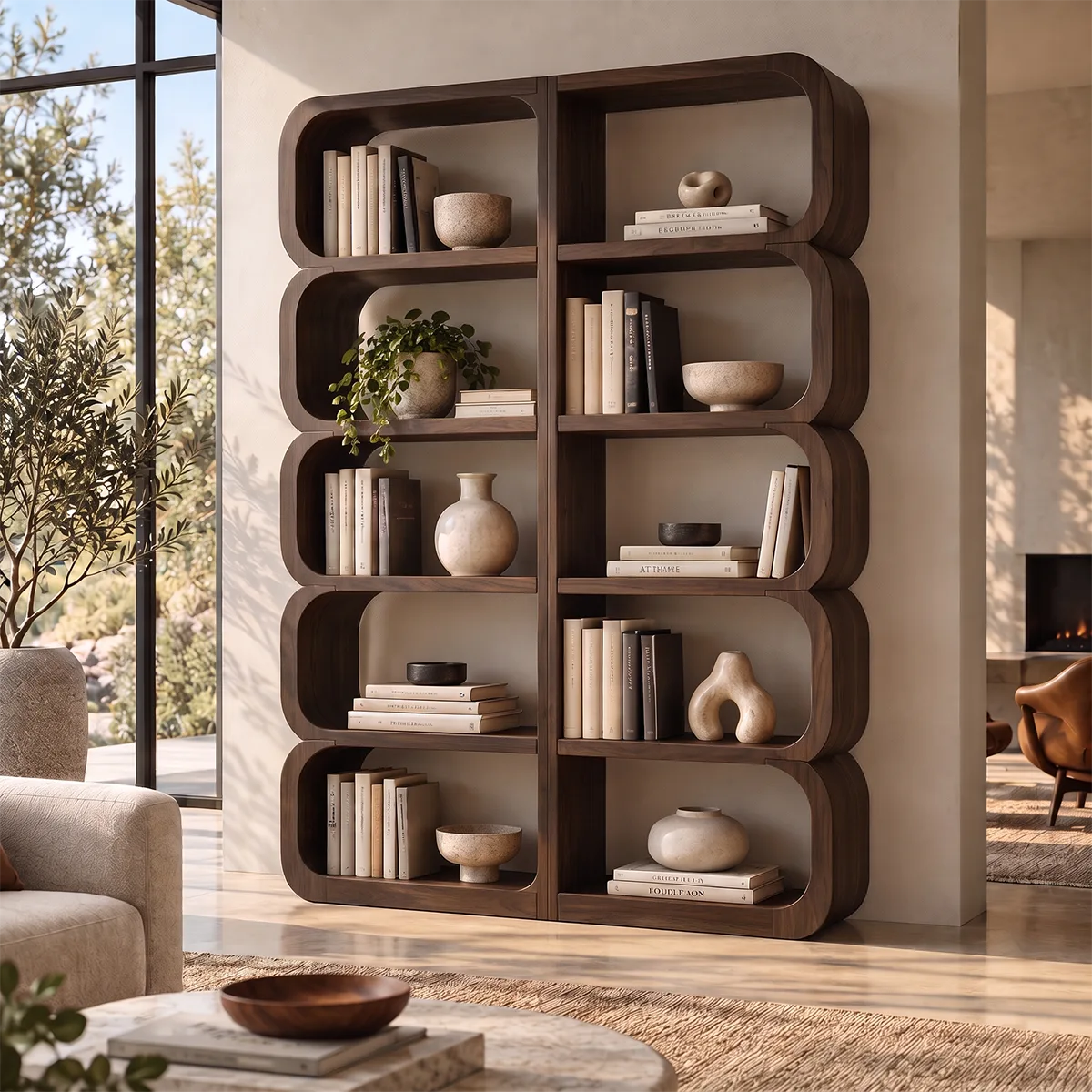 Tall Rounded Open Bookcase | 10-Cubby Modern Bookshelf with Sculptural Curved Frame HG021-4YOT6AX