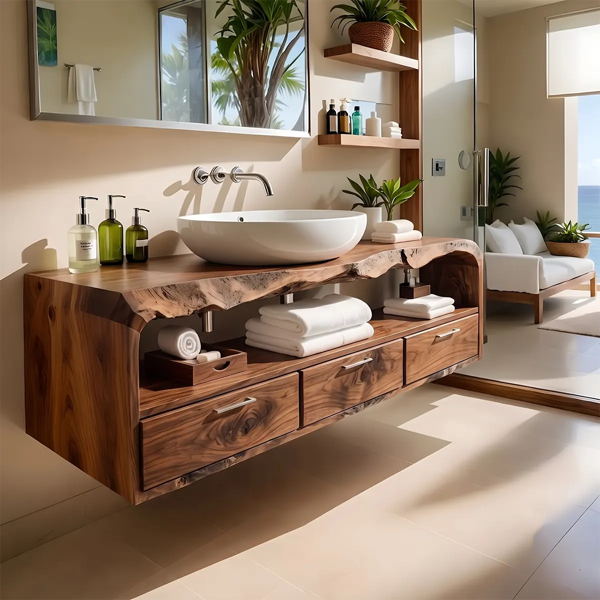 Floating Solid Wood Bathroom Vanity with Live Edge Top, Open Shelf, and 3 Drawers