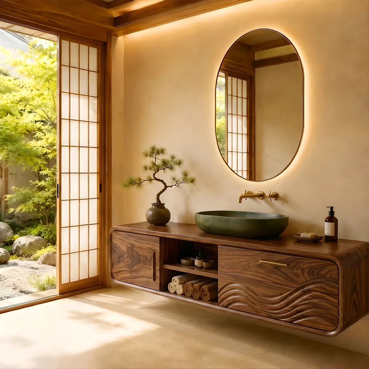 Modern Floating Bathroom Vanity with Sculptural Wave Door Design HG021-2980
