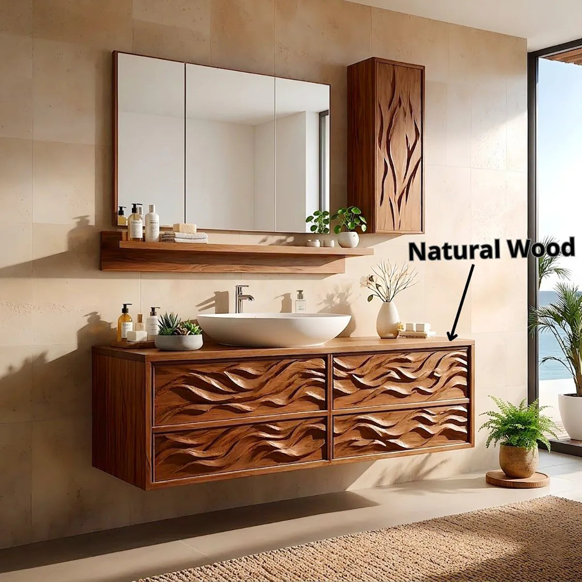 Carved Floating Bathroom Vanity | Sculptural Wall Mounted Bathroom Cabinet HG021-5018
