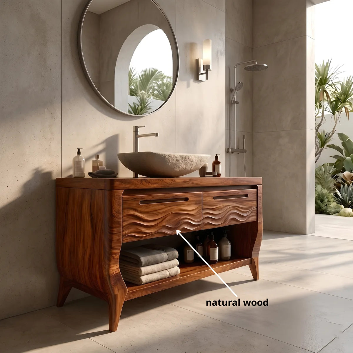 Solid Wood Bathroom Vanity with Open Shelf | Wave Carved Double Drawer Bathroom Vanity Cabinet HG021-3694