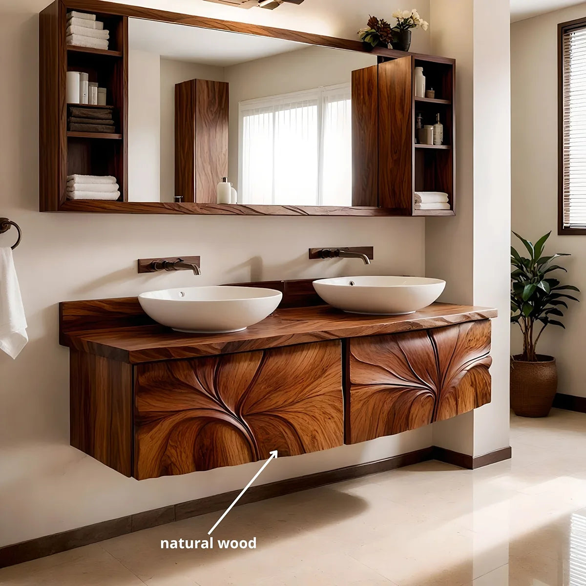 Modern Floating Bathroom Vanity with Sculptural Floral Carved Doors HG021-1209