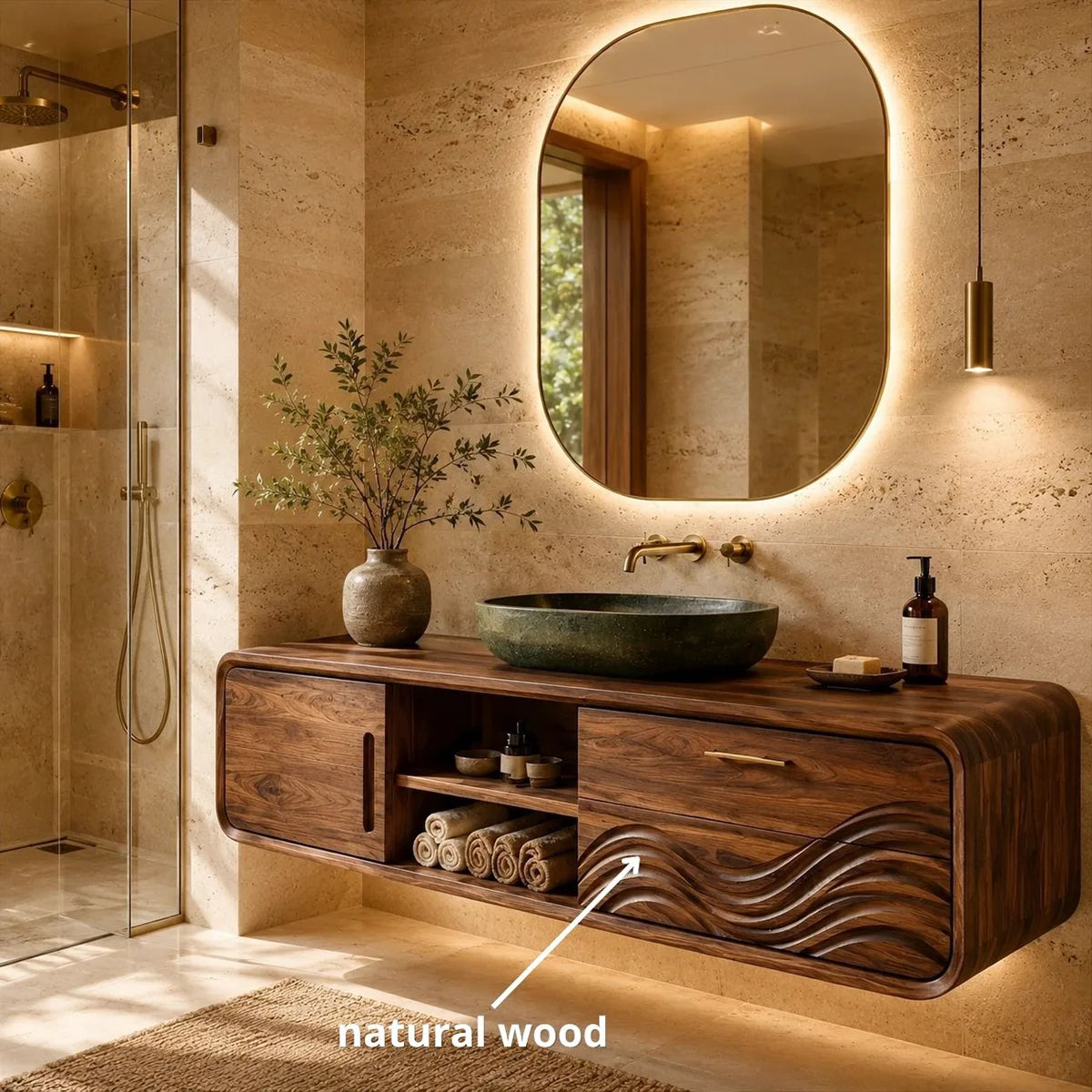 Modern Floating Bathroom Vanity with Sculptural Wave Door Design HG021-2980
