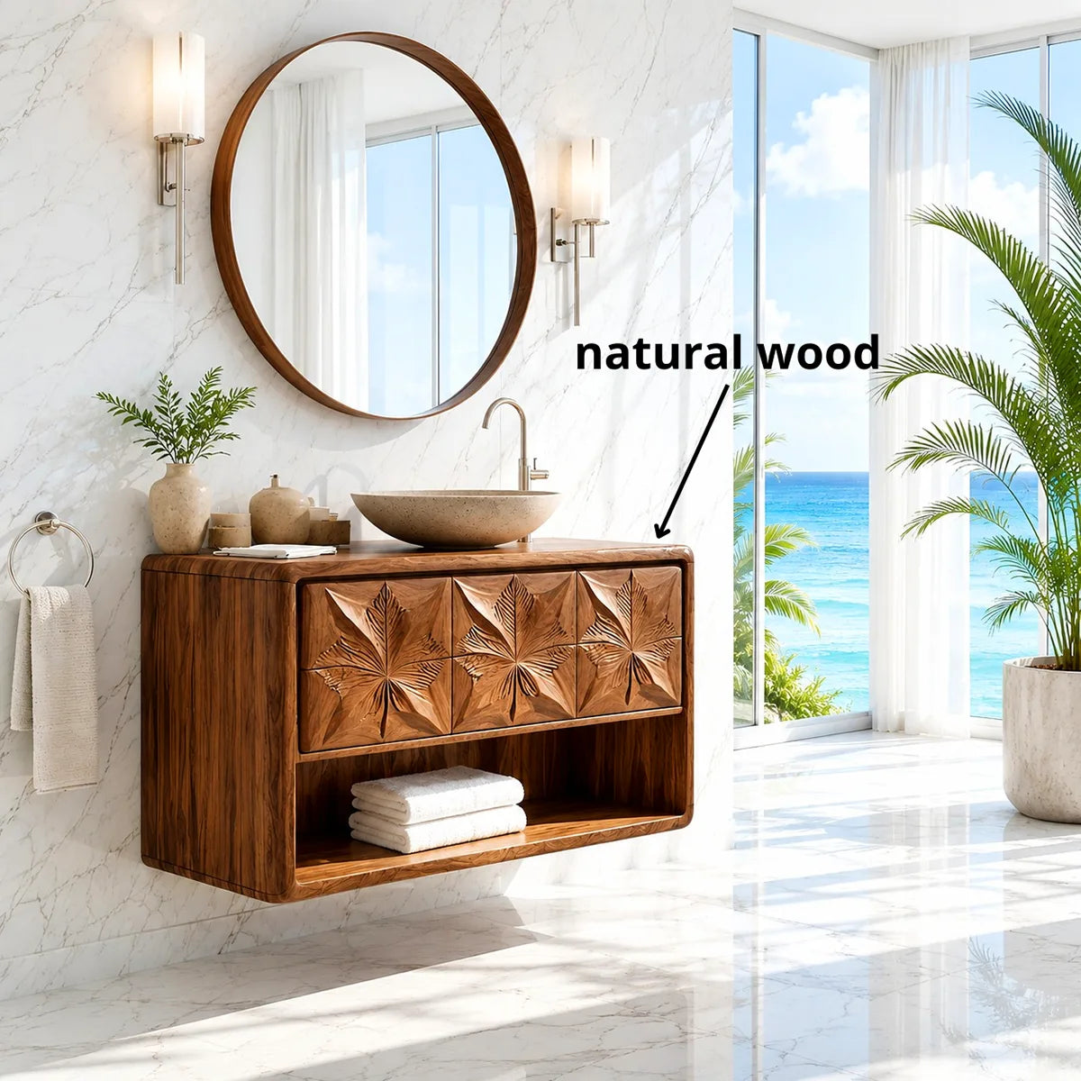 Geometric Leaf Carved Bathroom Vanity with Open Storage HG021-8975
