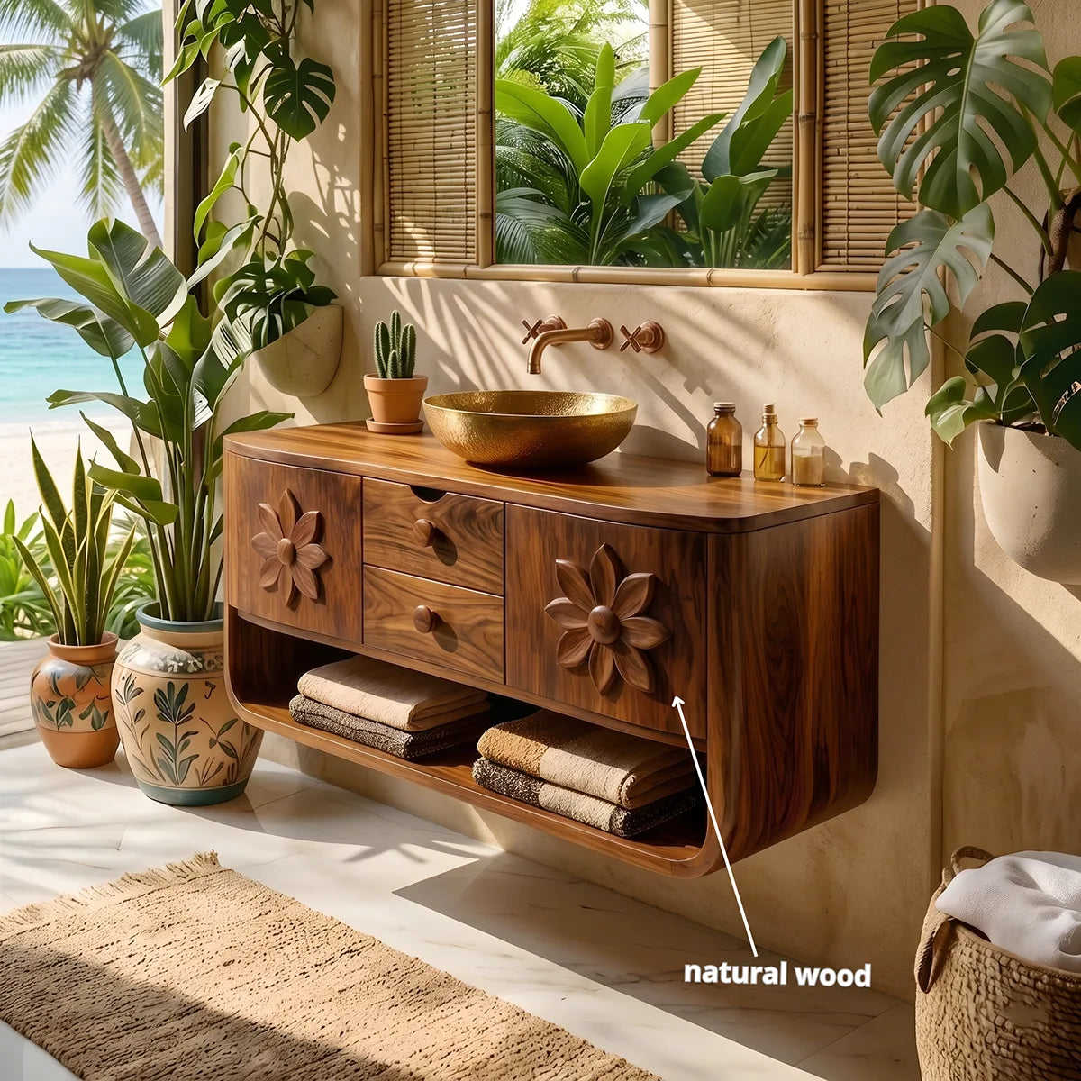 Floating Solid Wood Bathroom Vanity | Floral Carved Wall Mounted Vanity Cabinet with Open Shelf HG021-1071