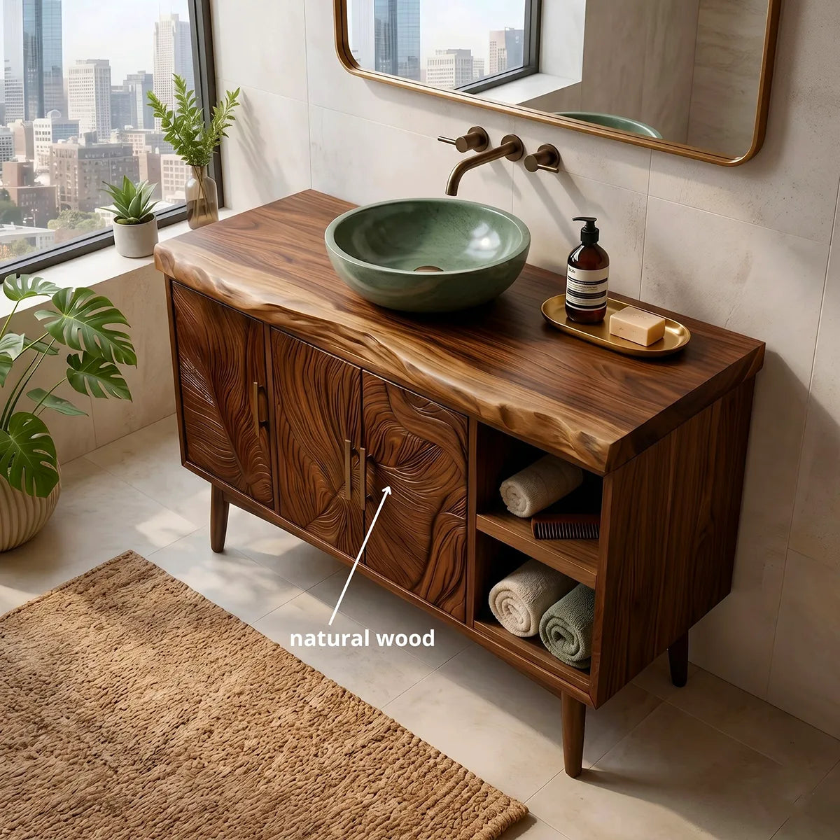 Tropical Modern Bathroom Vanity with Hand-Carved Doors and Open Storage HG021-1910