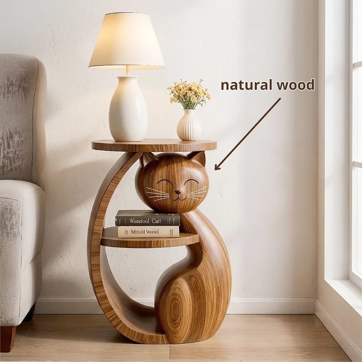 Whimsical Solid Wood Cat Side Table for Living Rooms & Cat Lovers HG021-4574