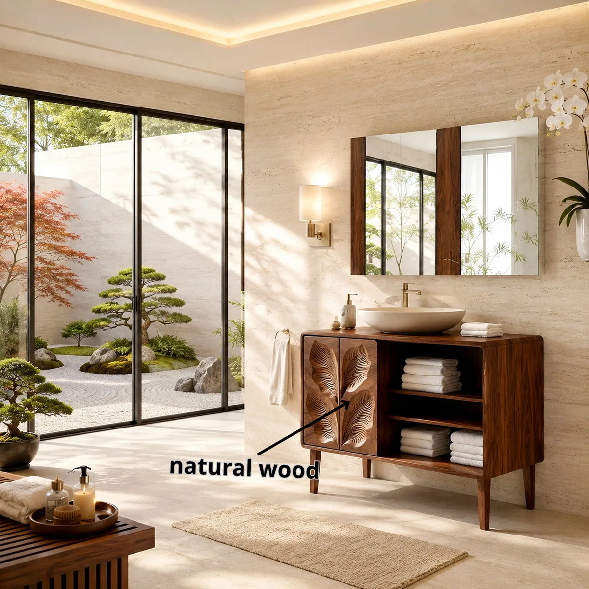 Leaf Carved Bathroom Vanity Cabinet with Open Shelving HG021-6447