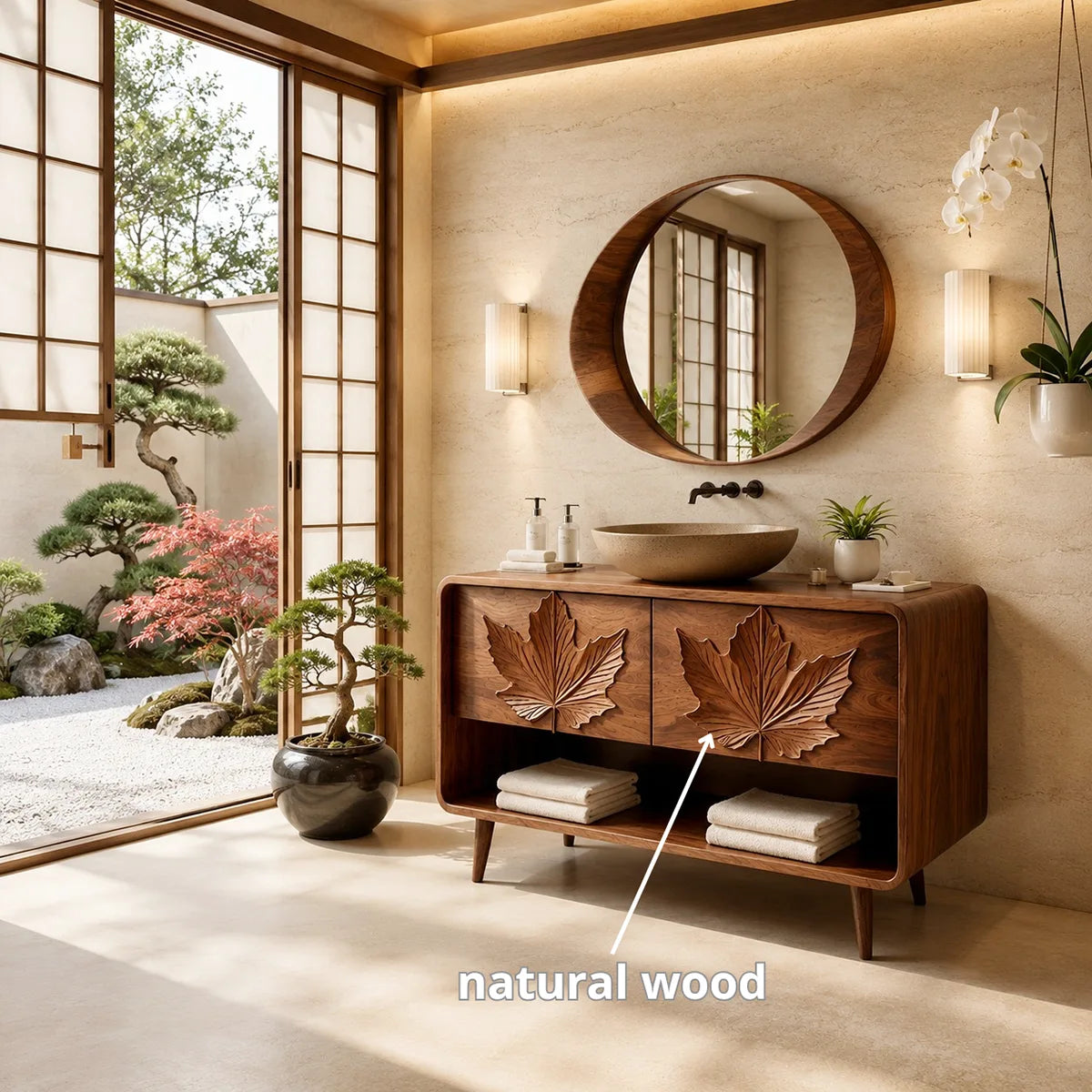Japanese Inspired Leaf Carved Bathroom Vanity Cabinet HG021-6349