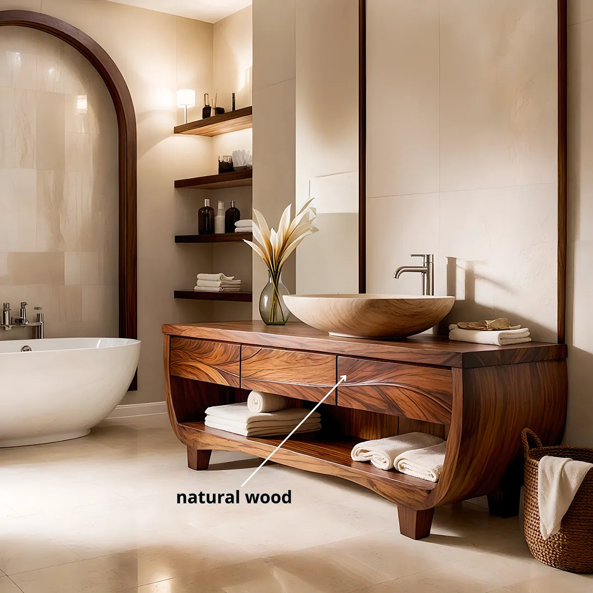Solid Wood Double Sink Bathroom Vanity | Curved Bathroom Vanity Cabinet with Open Shelf & Drawers HG021-2095