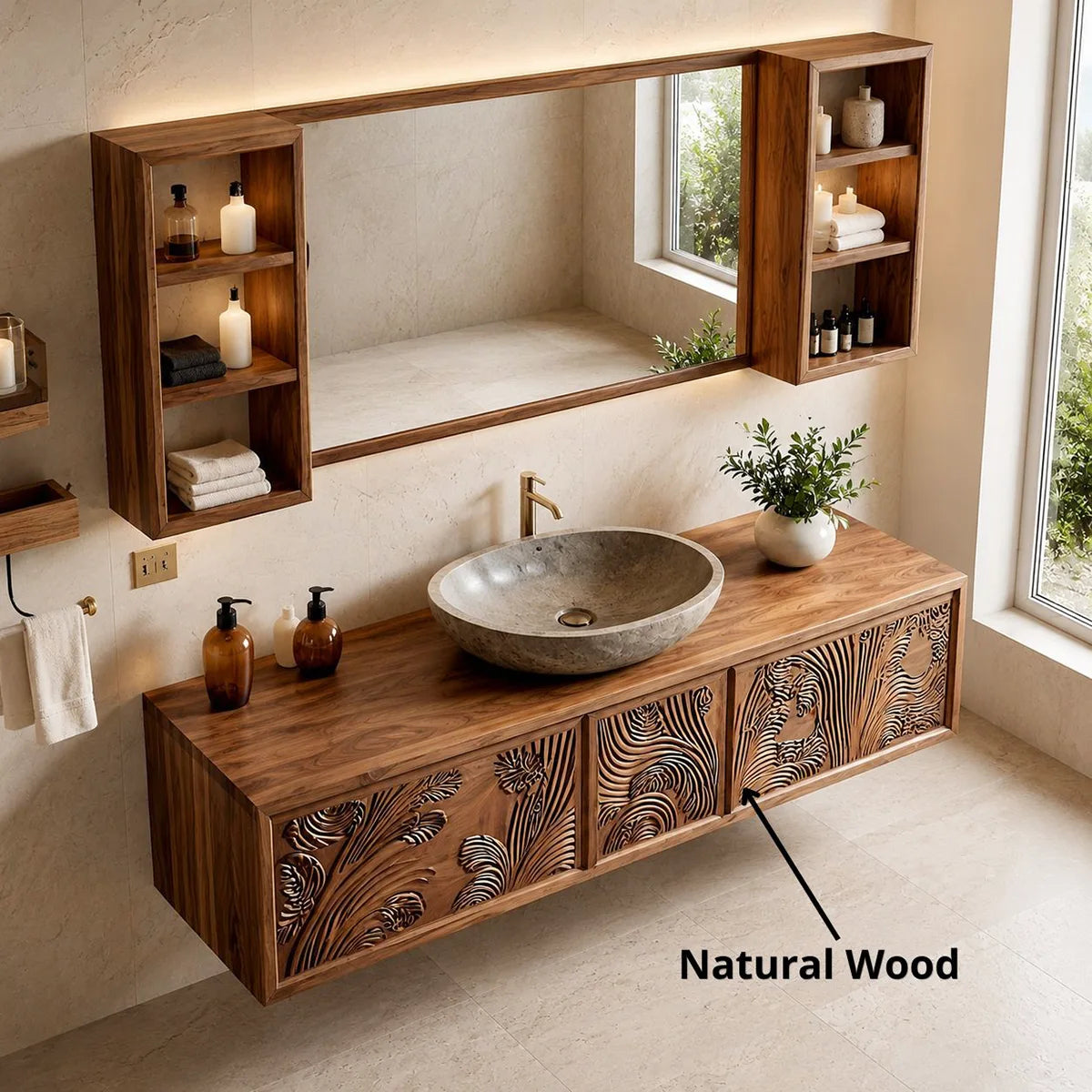 Carved Floating Bathroom Vanity | Modern Decorative Bathroom Cabinet HG021-7739