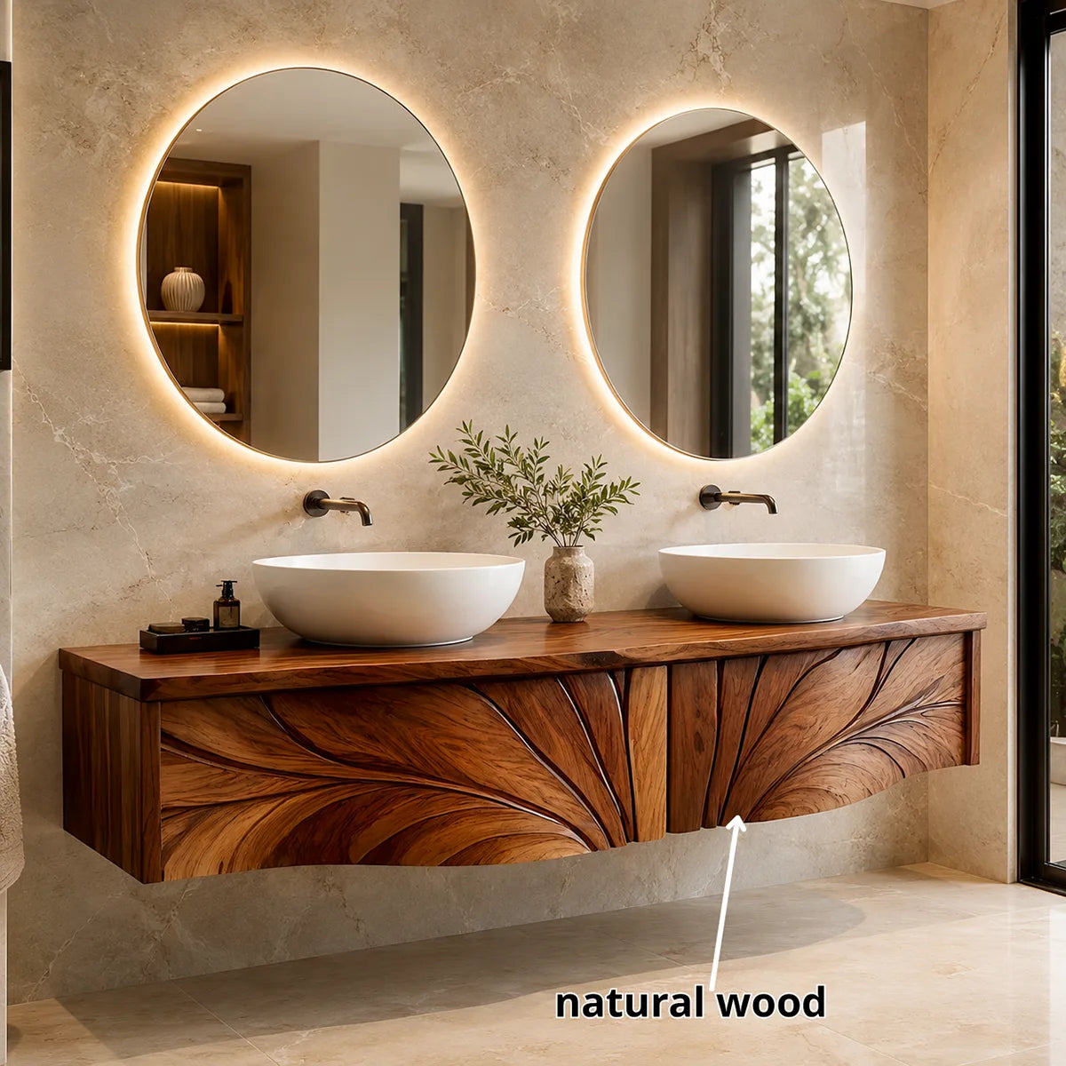 Luxury Double Sink Floating Bathroom Vanity with Sculptural Carved Design HG021-2639