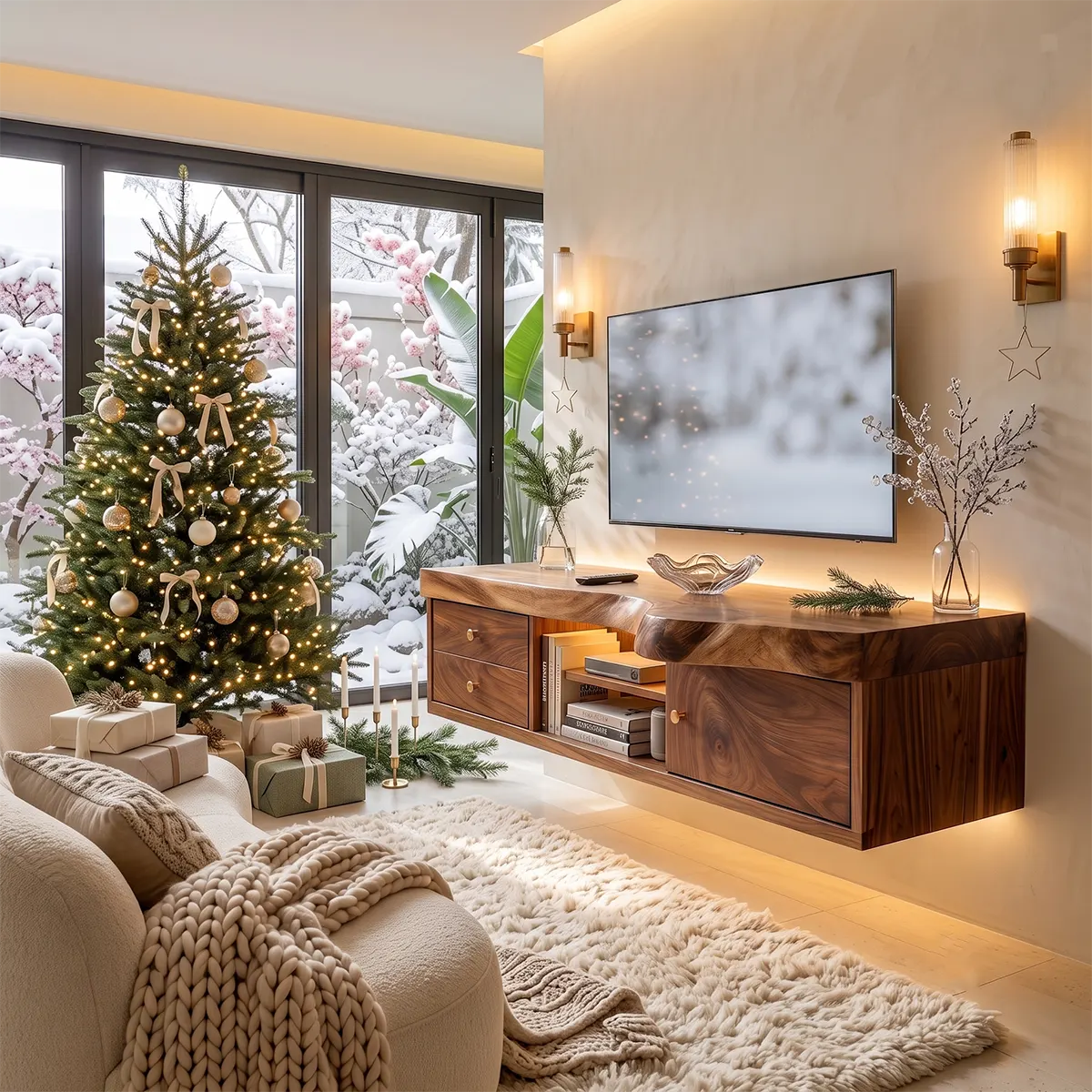 Modern TV Stand with 2 Drawers, Open Shelf & Cabinet | Natural Organic Media Console TT006-3ZLT6YV