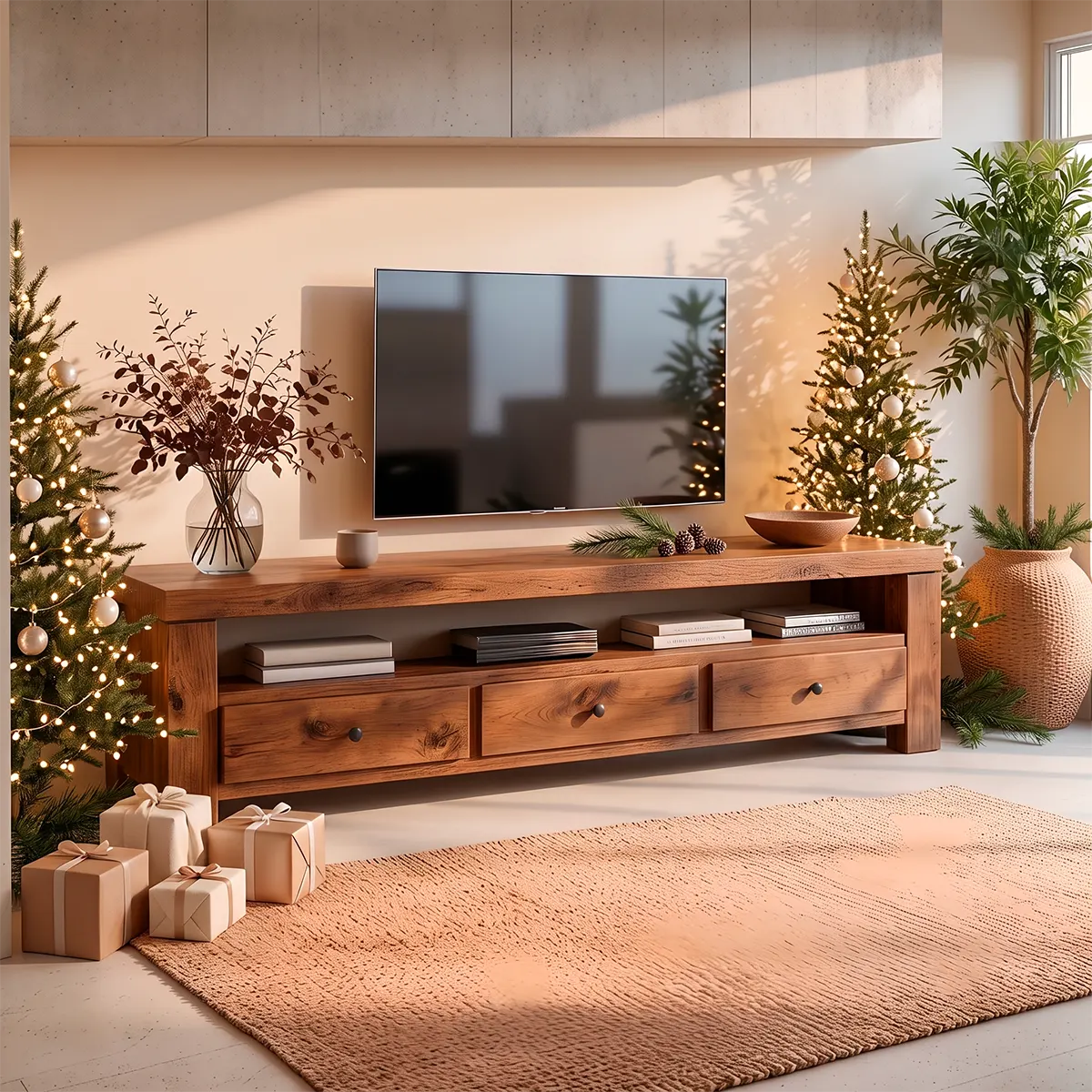 Modern TV Stand with 3 Drawers & Open Media Shelf | Rustic Wood Entertainment Console TT006-5YVS8FX
