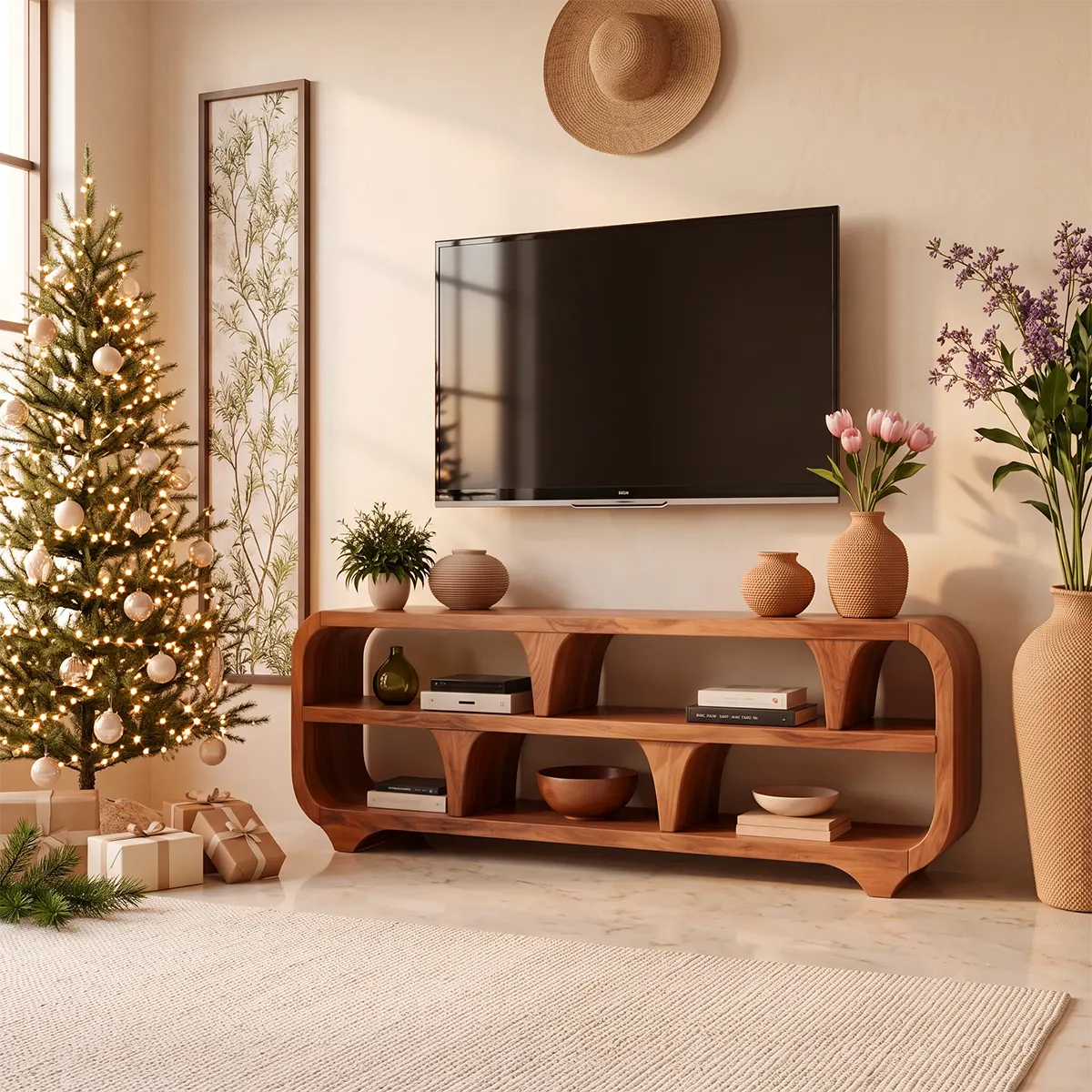 Modern Open Shelf TV Stand with Sculptural Curved Design | Organic Media Console TT006-6RPU8SU