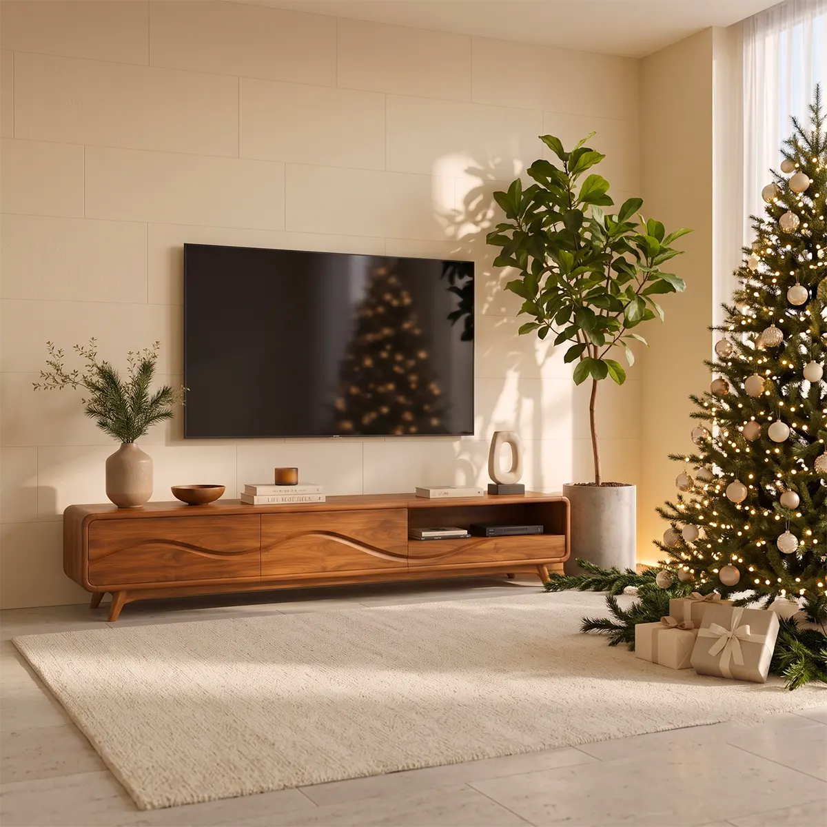Modern TV Stand with 2 Enclosed Cabinets & Open Storage | Sculpted Wave Media Console TT006-9ORW3JY