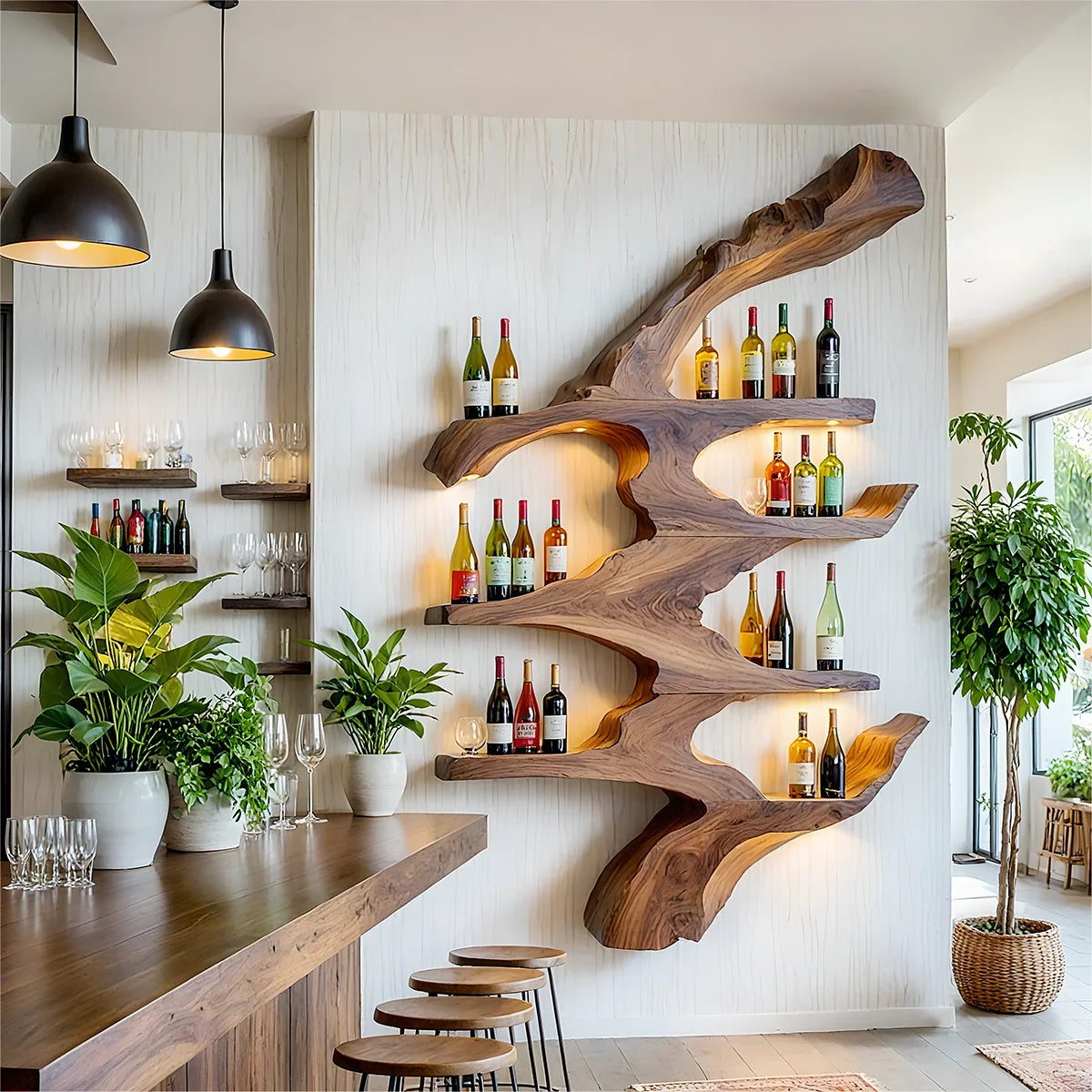 Sculptural Solid Wood Wall Wine Rack for Home Bars, Dining Rooms & Wine Lovers HG021-9667